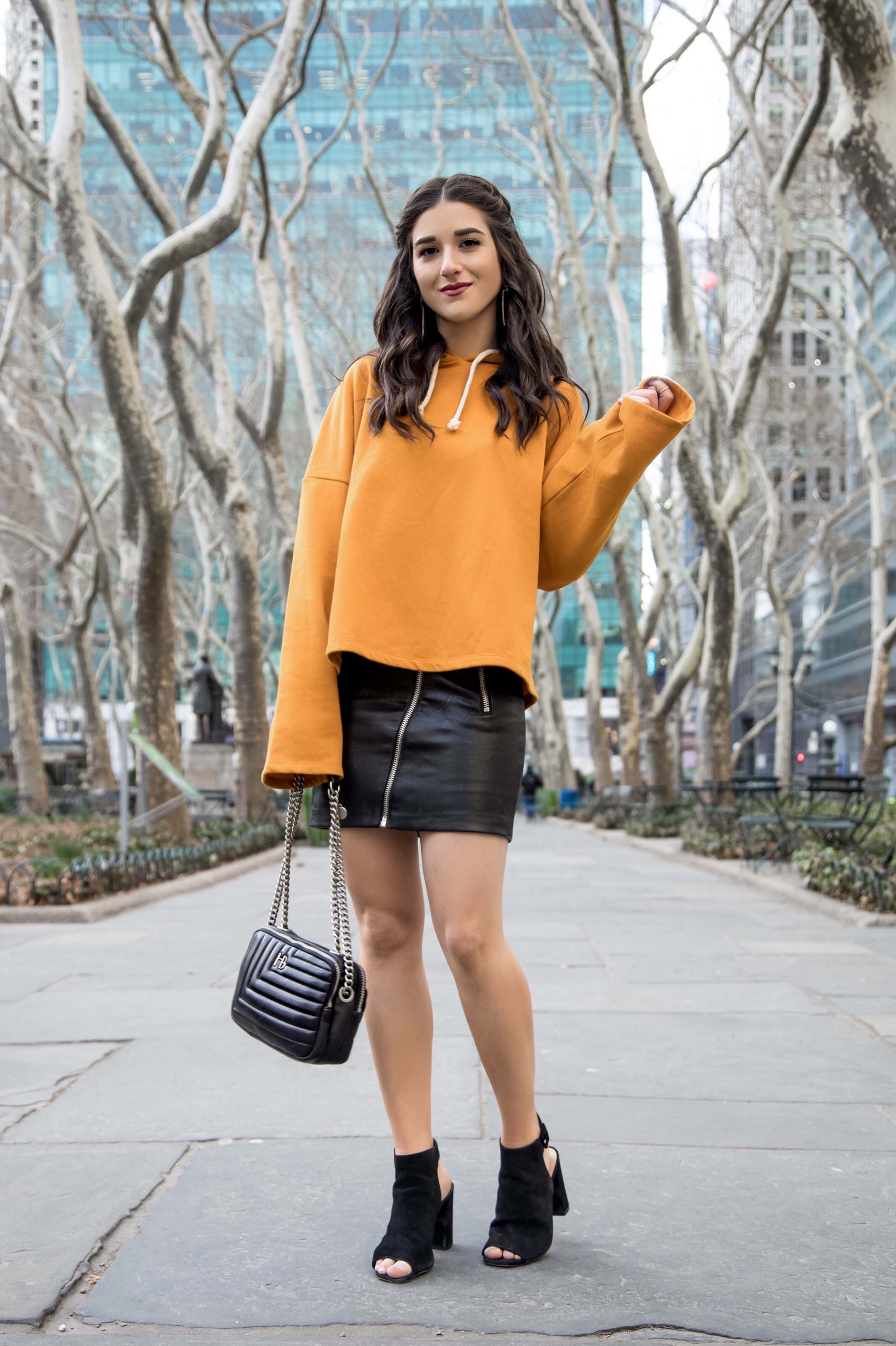 How Blogging Affected My Self Confidence Yellow Sweatshirt Black Pleather Skirt Esther Santer Fashion Blog NYC Street Style Blogger Outfit OOTD Trendy Zara ASOS Hairstyle Sporty Girly Open Toe Booties Shopping  Buy Wear Fall Winter Hood Mustard Color.jpg
