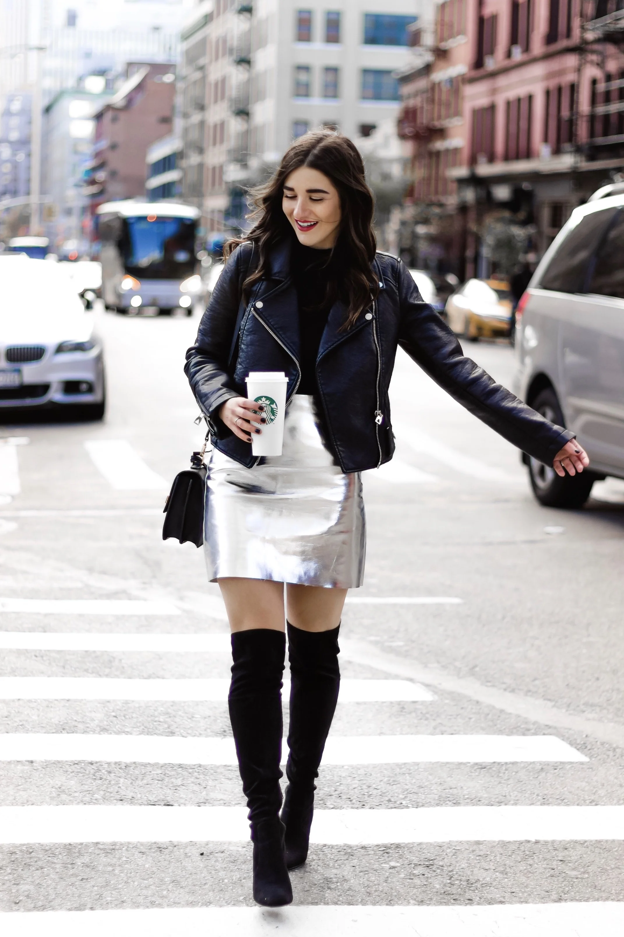 Turtleneck bodysuit with pleated metallic mini skirt