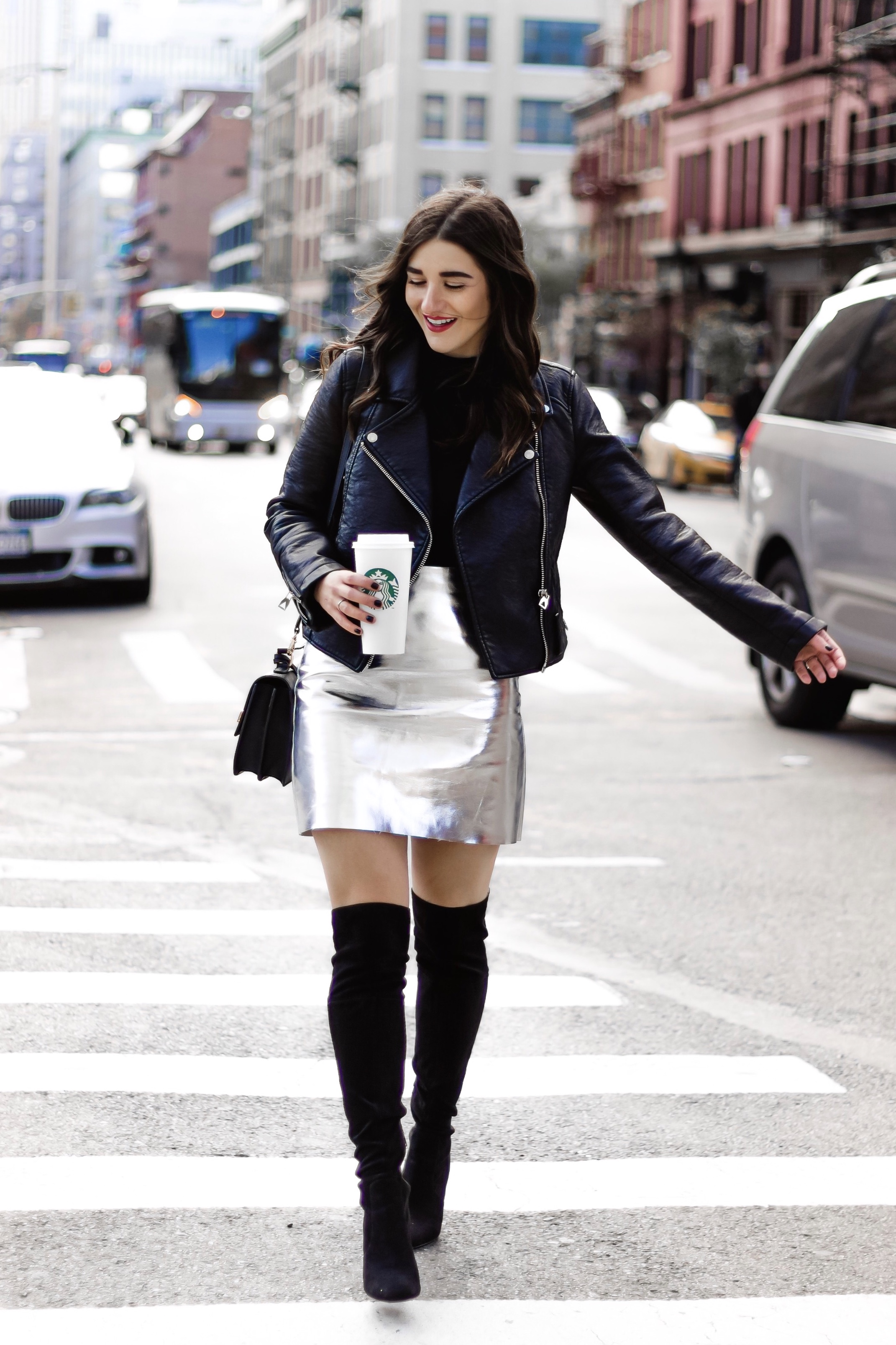 Metallic Mini Skirt  Black Moto Jacket  April 2018 Blogging Goals   Esther Santer