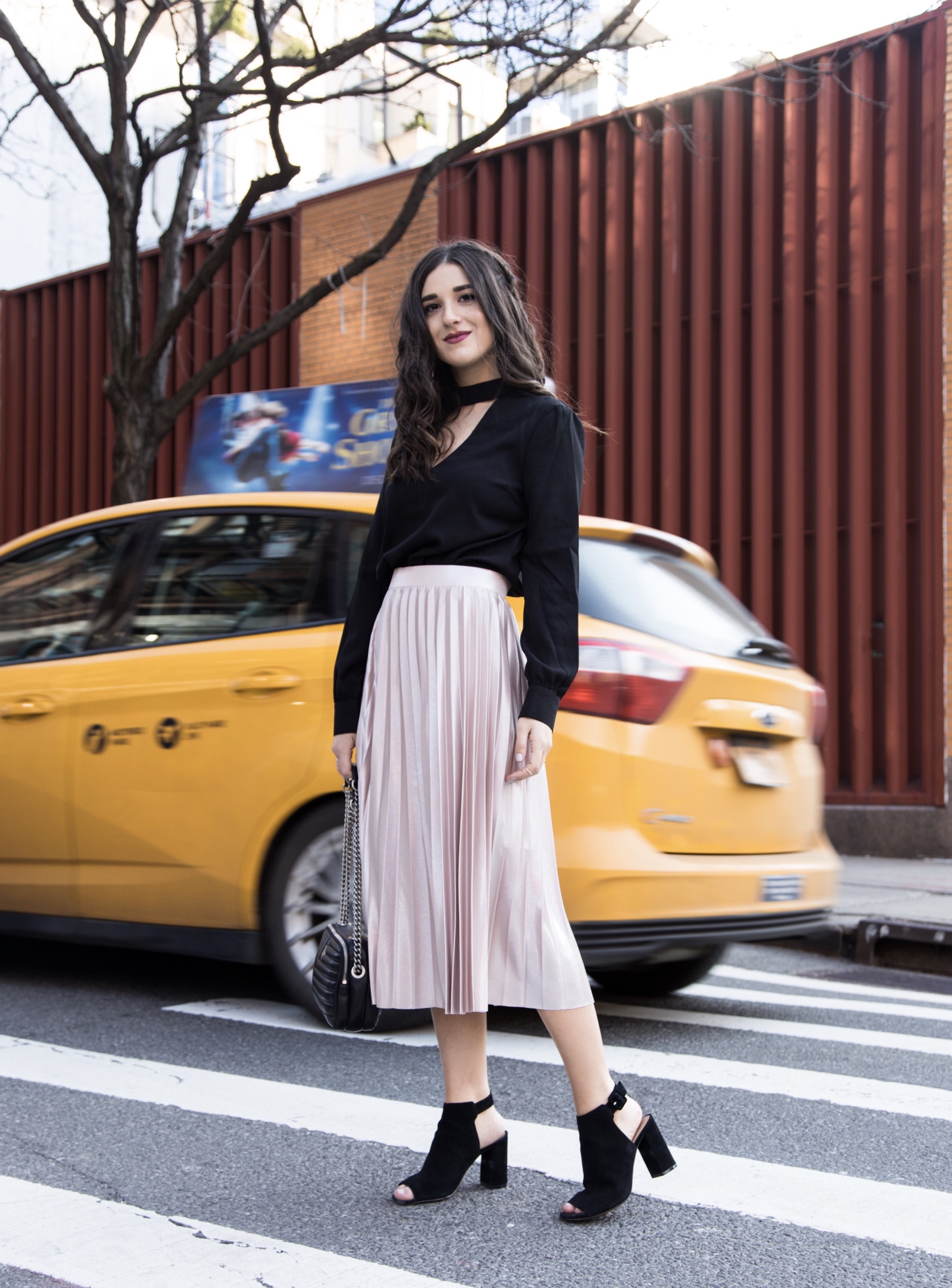 Metallic Midi Skirt Black Cutout Top How I Pack In A Carry On Esther Santer Fashion Blog NYC Street Style Blogger Outfit OOTD Trendy Feminine Girly Spring Hairstyle Waves Travel Tips Honeymoon  Photshoot Pose Wearing Shop Peep Toe Booties Henri Bendel.jpg