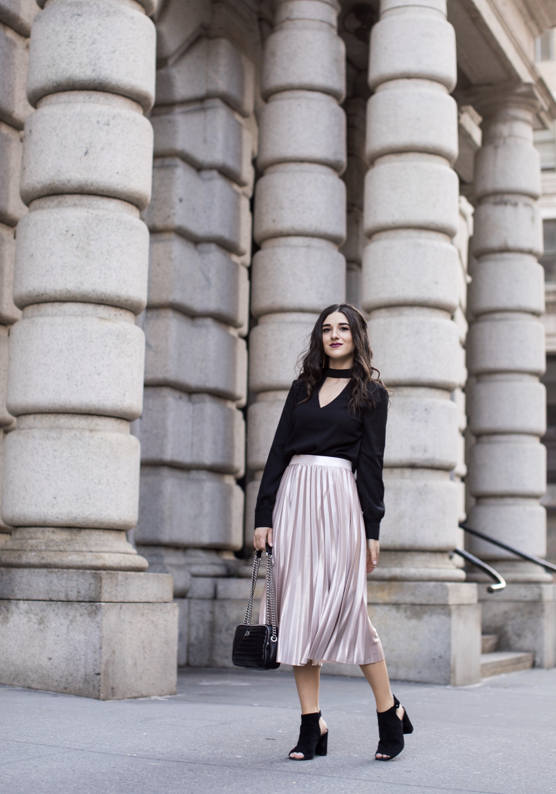 Metallic Midi Skirt Black Cutout Top How I Pack In A Carry On Esther Santer Fashion Blog NYC Street Style Blogger Outfit OOTD Trendy Feminine Girly Spring Hairstyle Waves Travel Tips Honeymoon Photshoot  Pose Wearing Shop Peep Toe Booties Henri Bendel.jpg