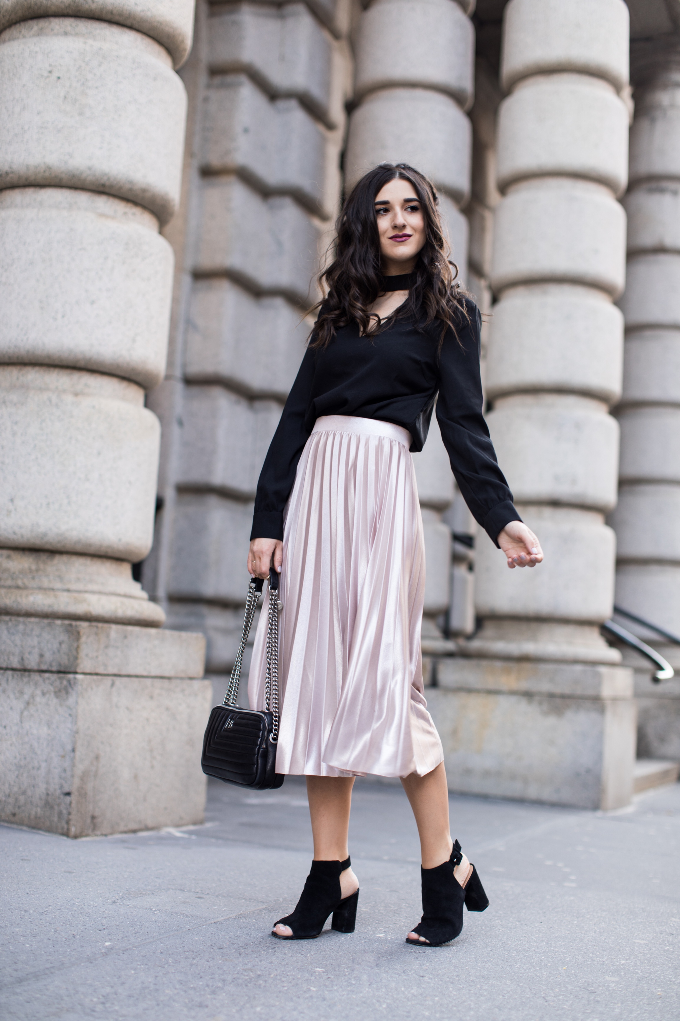 Metallic Midi Skirt Black Cutout Top How I Pack In A Carry On Esther Santer Fashion Blog NYC Street Style Blogger Outfit OOTD Trendy Feminine Girly Spring Hairstyle Waves Travel Tips Honeymoon Photshoot Pose  Wearing Shop Peep Toe Booties Henri Bendel.jpg