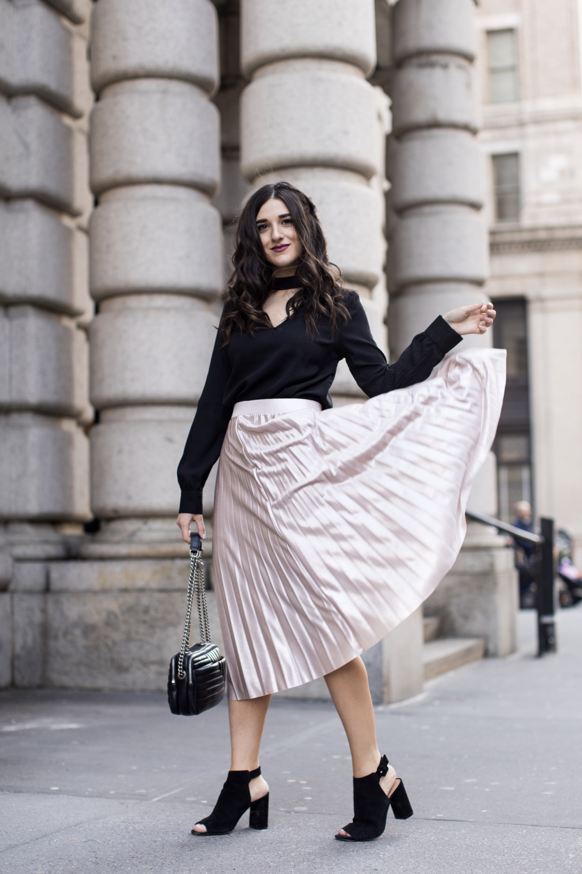 Metallic Midi Skirt Black Cutout Top How I Pack In A Carry On Esther Santer Fashion Blog NYC Street Style Blogger Outfit OOTD Trendy Feminine Girly Spring Hairstyle Waves Travel Tips Honeymoon Photshoot Pose Wearing  Shop Peep Toe Booties Henri Bendel.jpg
