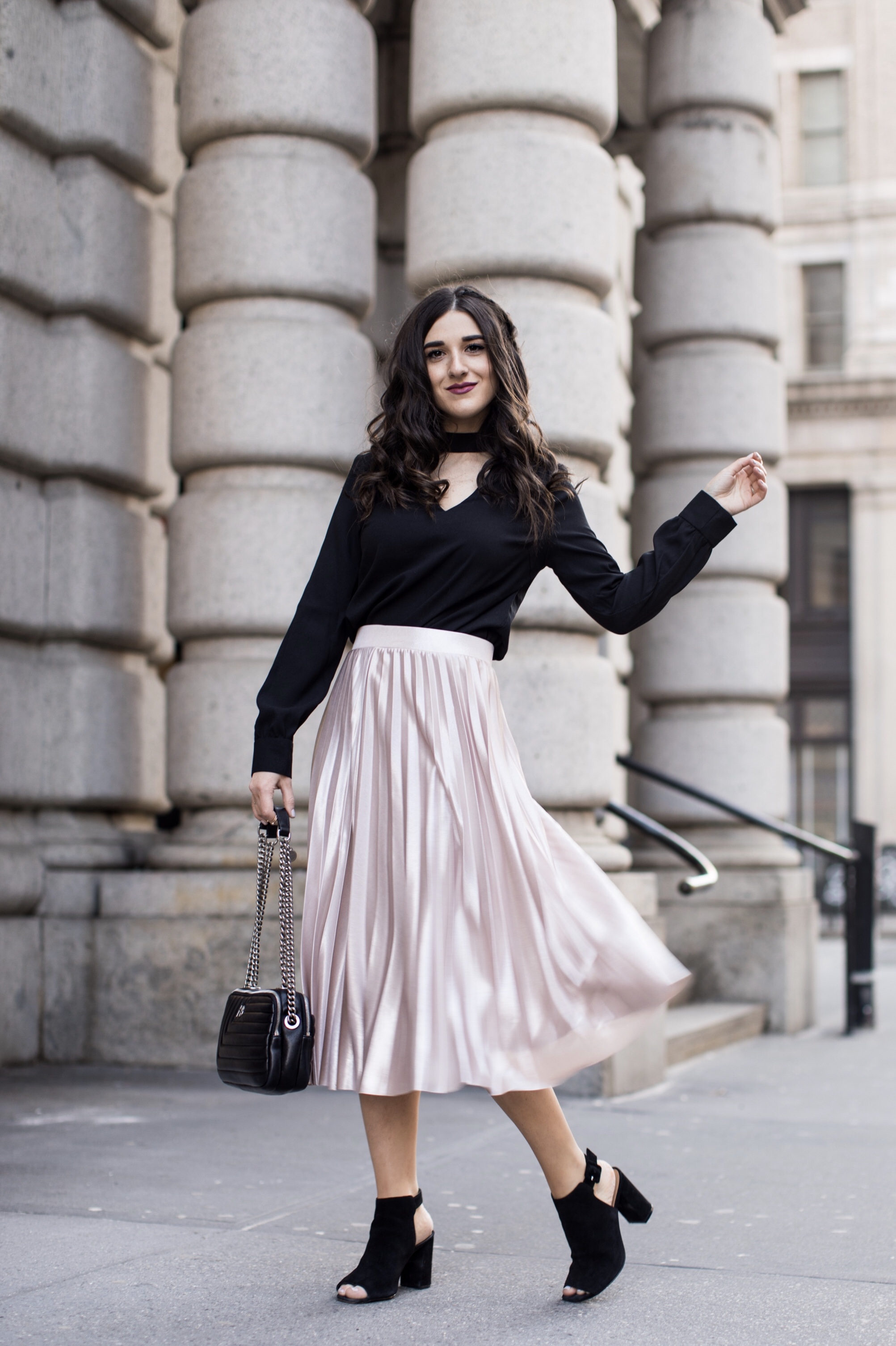 Metallic Midi Skirt Black Cutout Top How I Pack In A Carry On Esther Santer Fashion Blog NYC Street Style Blogger Outfit OOTD Trendy Feminine Girly Spring Hairstyle Waves Travel Tips Honeymoon Photshoot Pose Wearing Shop Peep Toe Booties Henri  Bendel.jpg