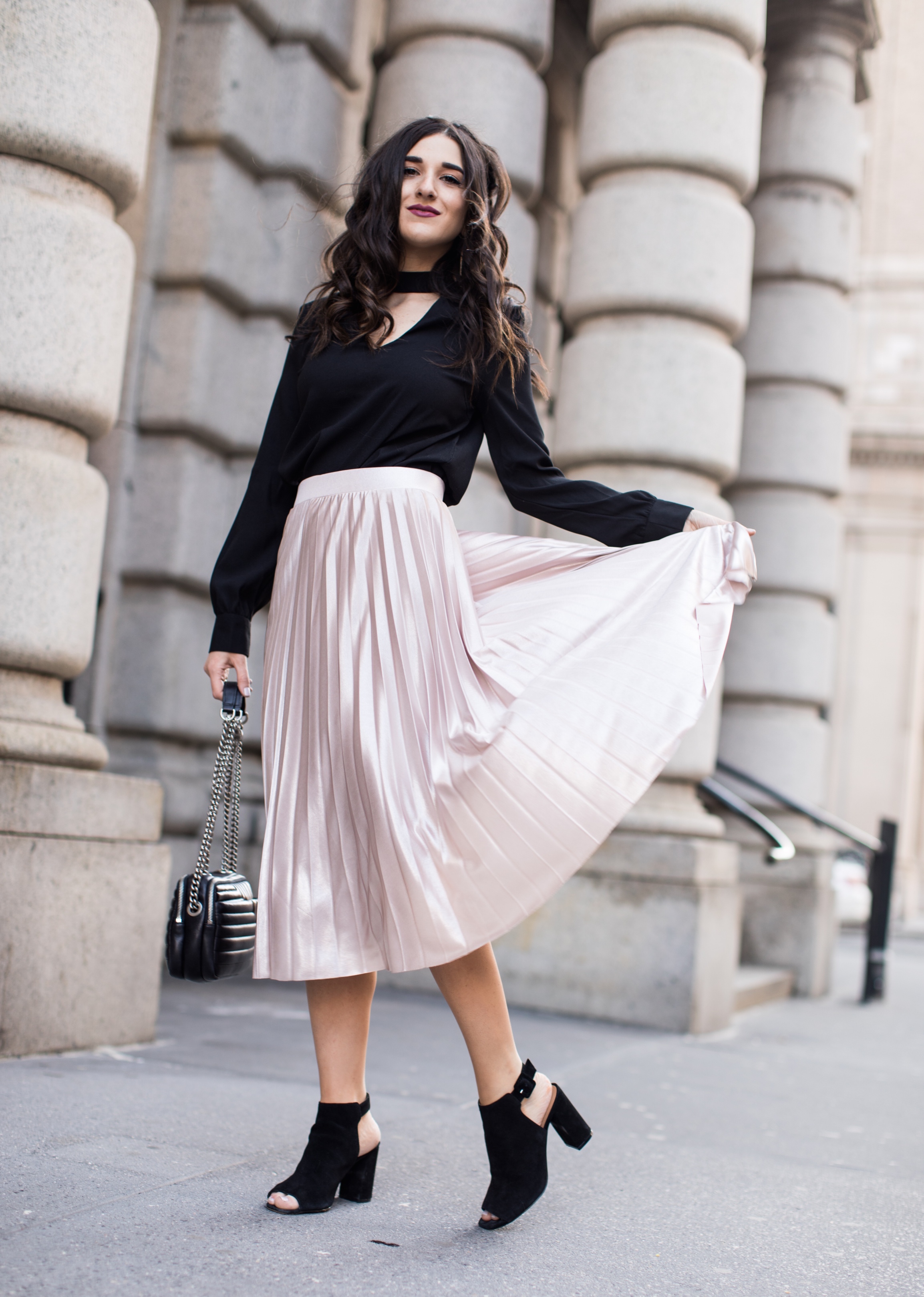 Metallic Midi Skirt Black Cutout Top How I Pack In A Carry On Esther Santer Fashion Blog NYC Street Style Blogger Outfit OOTD Trendy Feminine Girly Spring Hairstyle Waves Travel Tips Honeymoon Photshoot Pose Wearing Shop Peep Toe Booties Henri Bendel.jpg