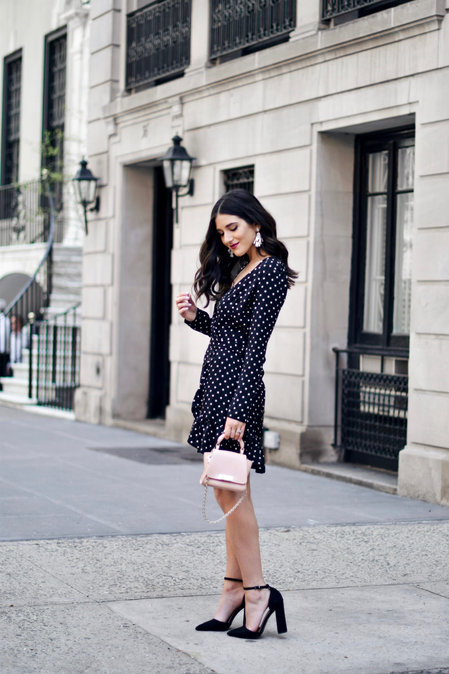 Polka Dot Wrap Dress Statement Earrings My 5 Blogging Rules While On My Honeymoon Esther Santer Fashion Blog NYC Street Style Blogger Outfit OOTD Trendy Kendra Scott ASOS Travel Content Married Husband Happy Summer Beautiful Bag Pointy Toe Ankle Strap.JPG