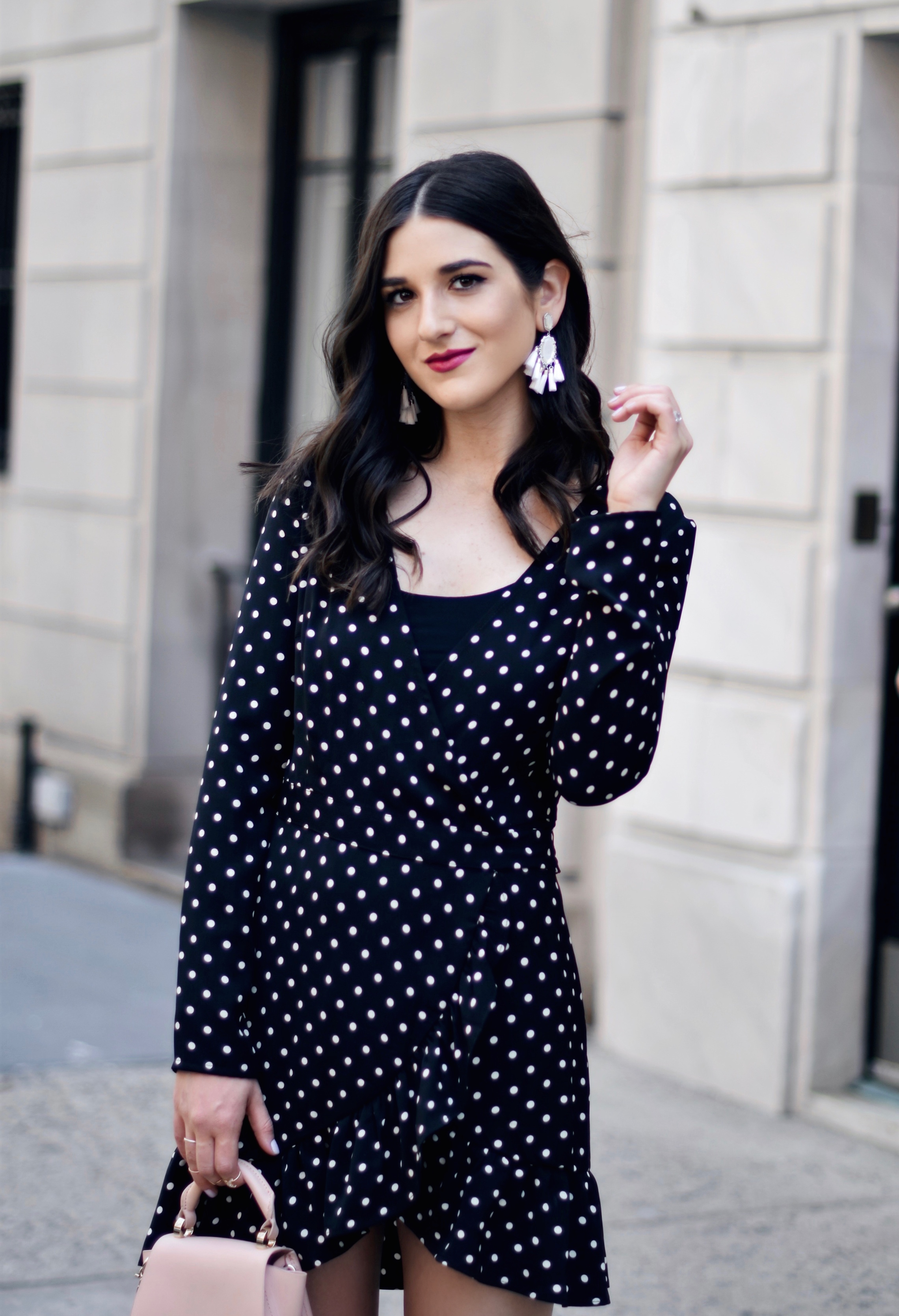 Polka Dot Wrap Dress Statement Earrings My 5 Blogging Rules While On My Honeymoon Esther Santer Fashion Blog NYC Street Style Blogger Outfit OOTD Trendy Kendra Scott ASOS Travel Content Married Husband Happy Beautiful Summer Bag Pointy Toe Ankle Strap.JPG