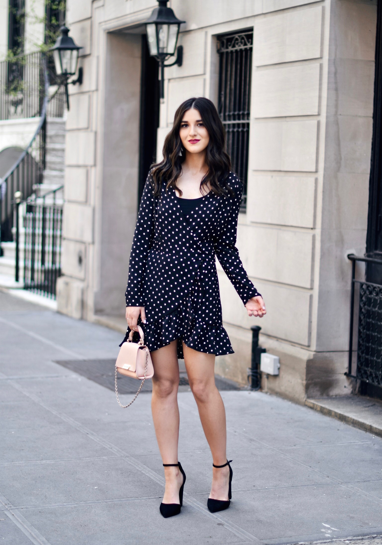 Polka Dot Wrap Dress Statement Earrings My 5 Blogging Rules While On My Honeymoon Esther Santer Fashion Blog NYC Street Style Blogger Outfit OOTD Trendy Kendra Scott ASOS Travel Content Married Husband Happy Summer Bag Beautiful Pointy Toe Ankle Strap.JPG