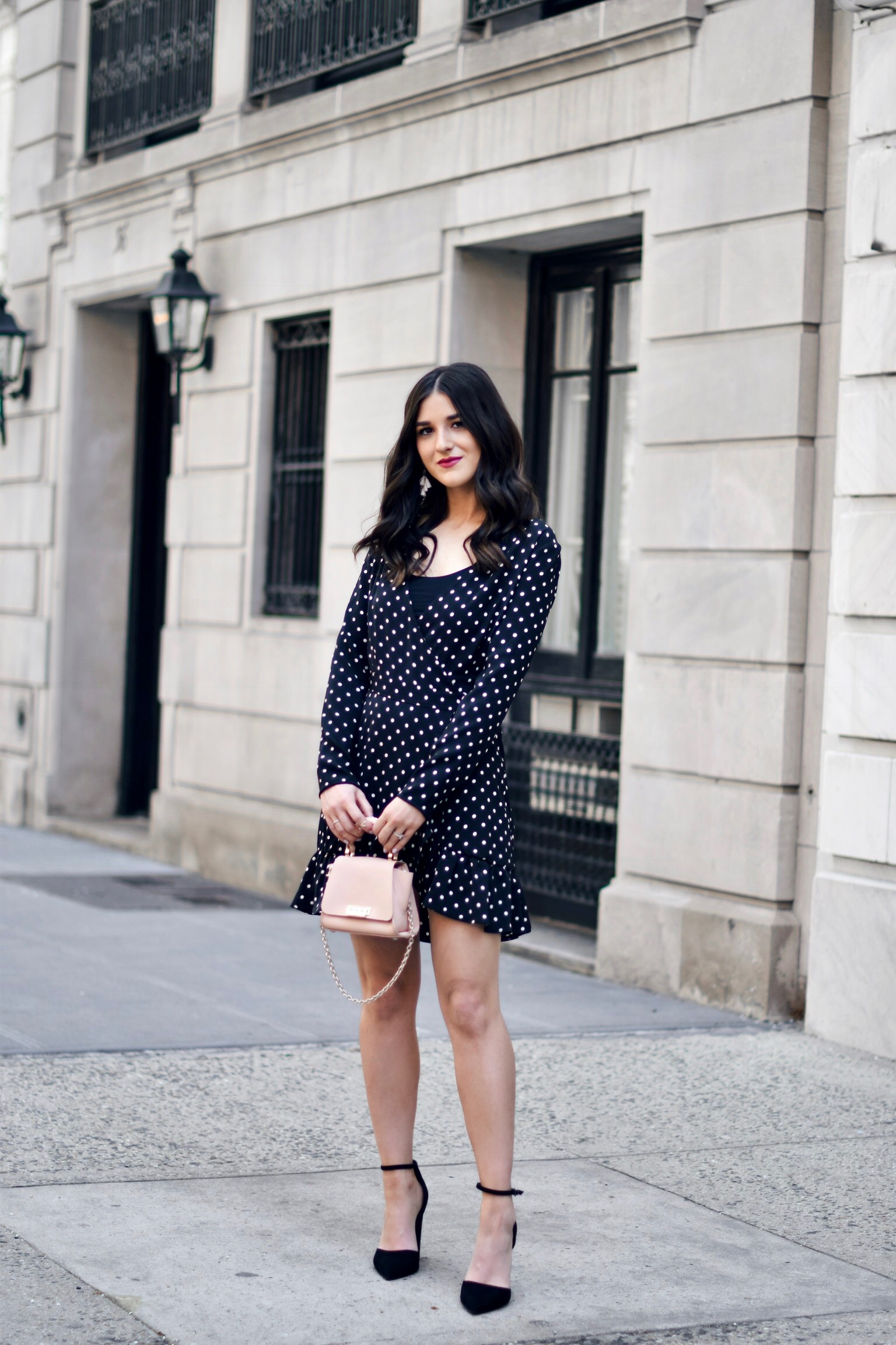 Polka Dot Wrap Dress Statement Earrings My 5 Blogging Rules While On My Honeymoon Esther Santer Fashion Blog NYC Street Style Blogger Outfit OOTD Trendy Kendra Scott ASOS Travel Content Married Husband Happy Beautiful Summer Pointy Toe Ankle Strap Bag.JPG