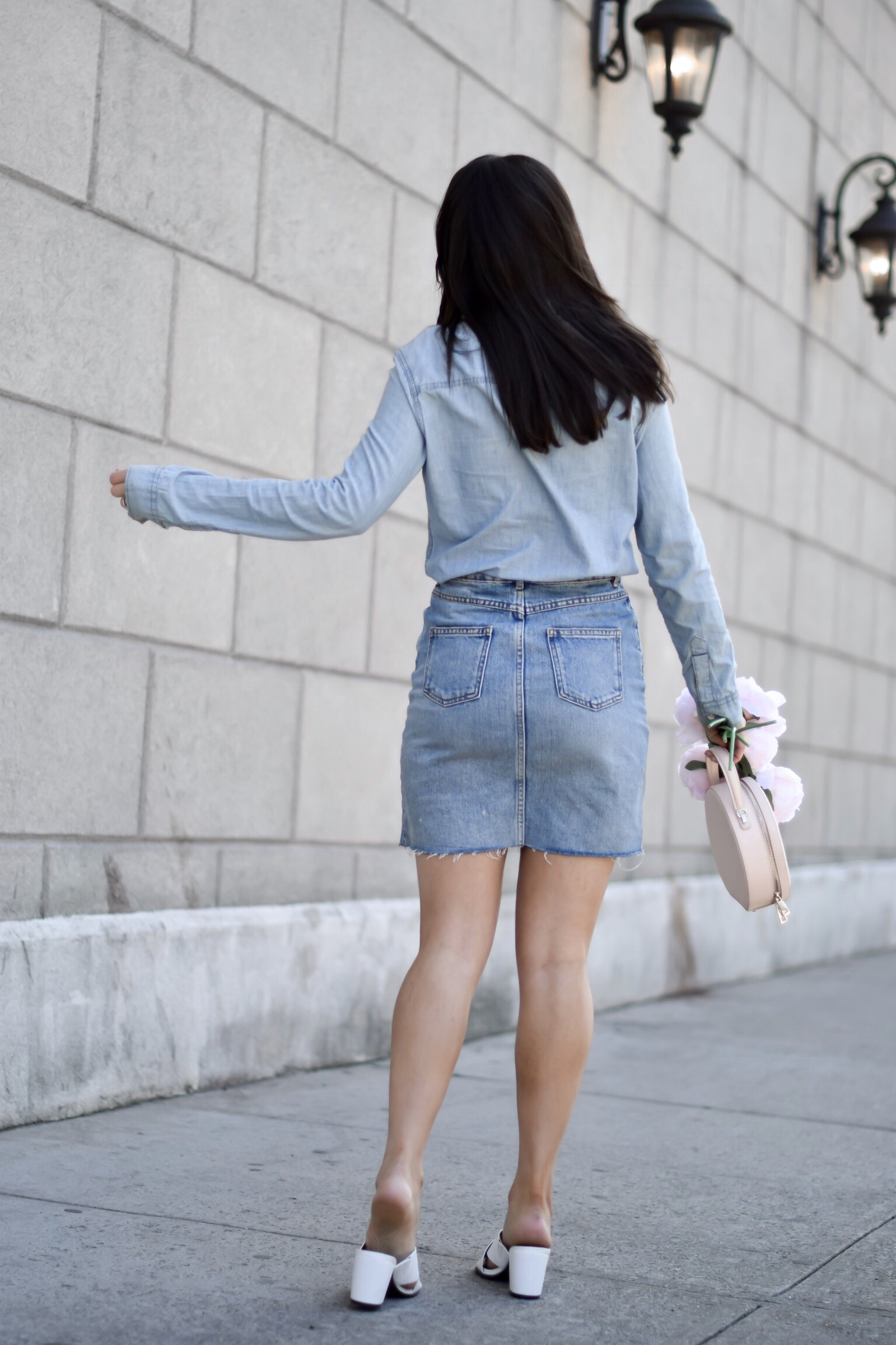 Do You Need Money To Be A Blogger Canadian Tuxedo White Mules Esther Santer Fashion Blog NYC Street Style Blogger Outfit OOTD Trendy Denim Skirt Jean Shirt Gap ASOS Shoes Girl Women Gold Hoops How To Wear Shop Buy Pretty New York City  Pink Circle Bag.jpg