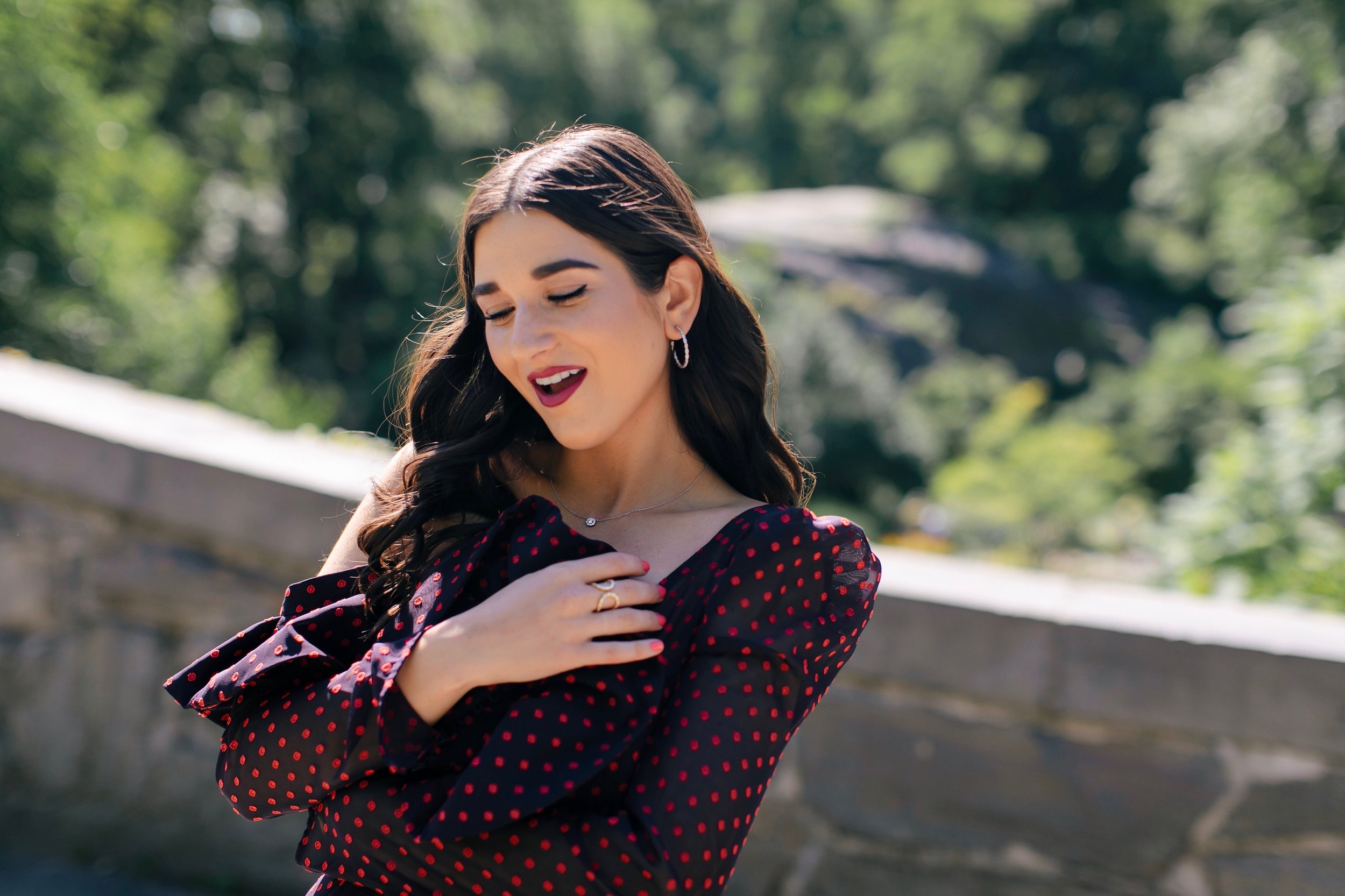 Decked Out In Diamonds Hearts On Fire Esther Santer NYC Street Style Blogger Outfit Self Portrait Necklace Ring Earrings Pretty Beautiful Perfect Cut Outfit Polka Dot Print Photoshoot Central Park New York City Lipstick Girl Women Wear Shopping Luxury.jpg
