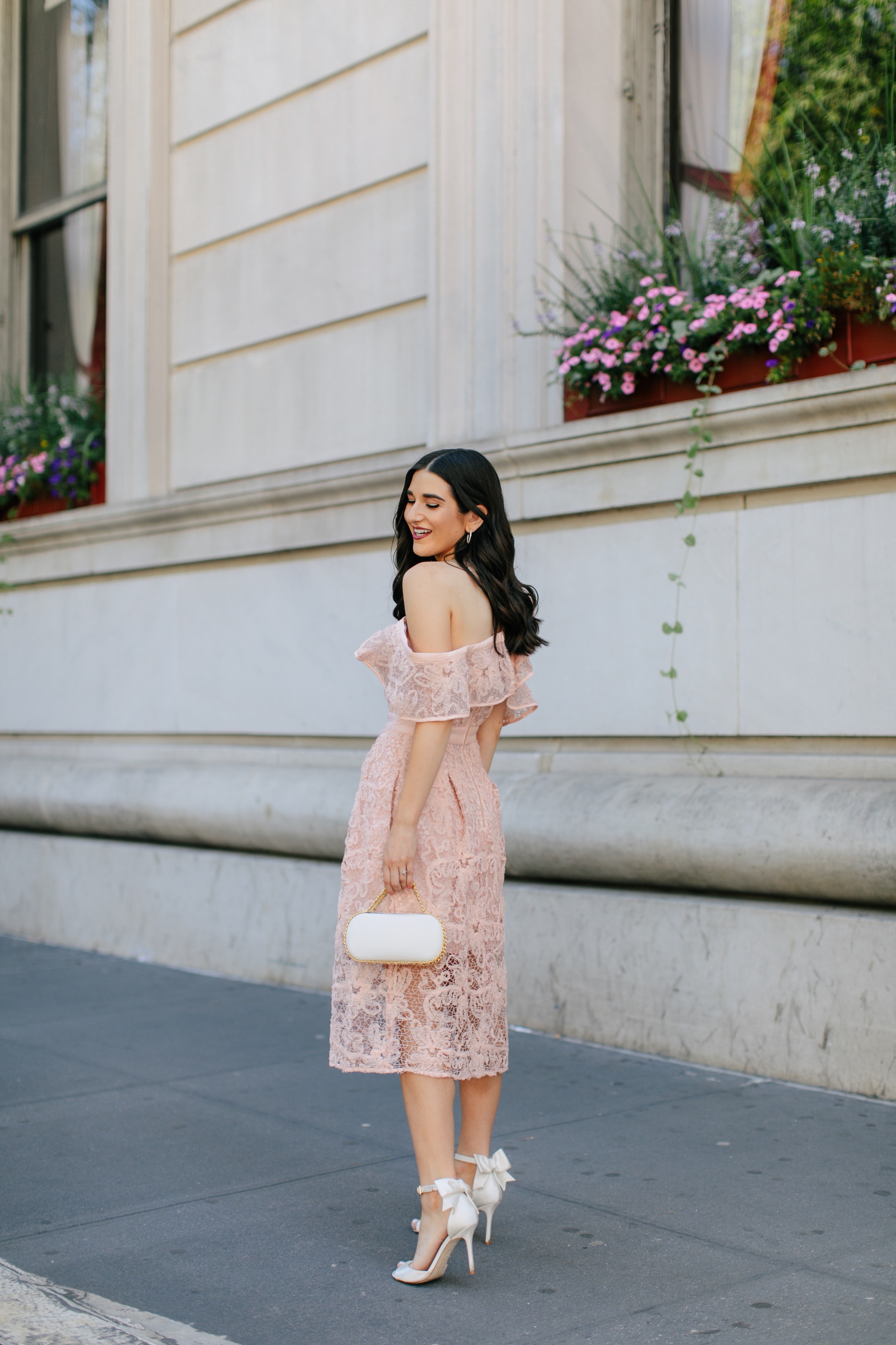 A New Perspective On Instagram Jealousy Pink Lace Dress Ivory Bow Heels Esther Santer Fashion Blog NYC Street Style Blogger Outfit OOTD Trendy White Bag Clutch Self Portrait Designer Kate Spade Wedding Shoes Fancy Elegant Feminine Formal Shopping Wear.jpg
