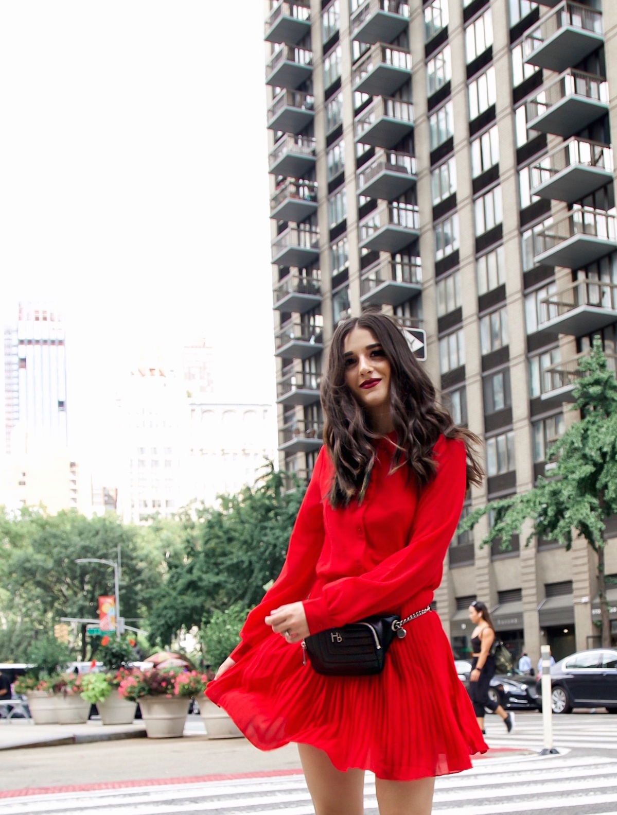 What Do Bloggers Do With All The Free Products They Receive Red Pleated Dress Black Belt Bag Esther Santer Fashion Blog NYC Street Style Blogger Outfit OOTD Trendy ASOS Vince Camuto Braided Sandals Shoes Hair Fanny Pack Women Girl Summer Fall Shopping.jpg