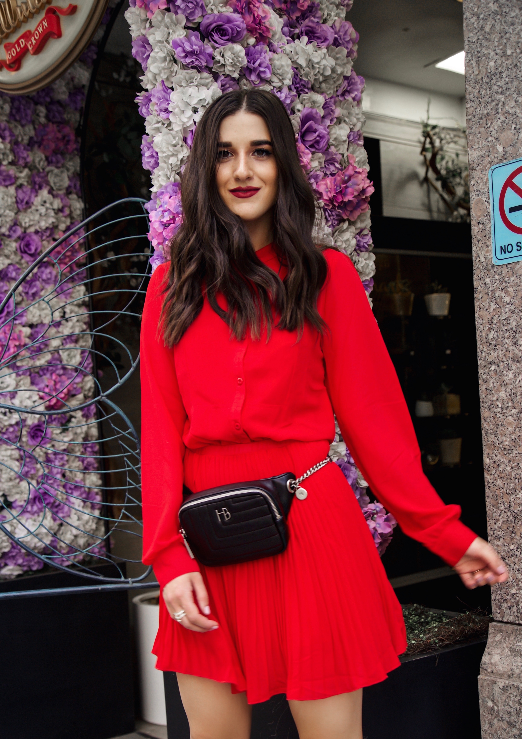 What Do Bloggers Do With All The Free Products They Receive Red Pleated Dress Black Belt Bag Esther Santer Fashion Blog NYC Street Style Blogger Outfit OOTD Trendy ASOS Vince Camuto Braided Sandals Shoes Hair Girl Women Fanny Pack Fall Summer Shopping.jpg