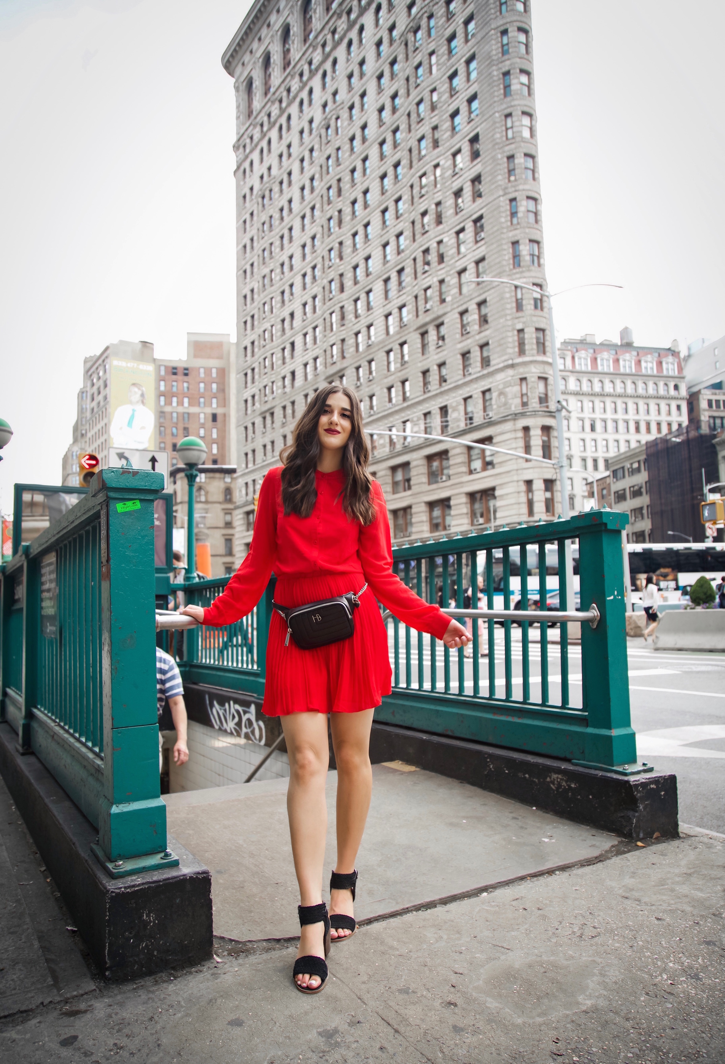 What Do Bloggers Do With All The Free Products They Receive Red Pleated Dress Black Belt Bag Esther Santer Fashion Blog NYC Street Style Blogger Outfit OOTD Trendy ASOS Vince Camuto Braided Sandals Shoes Hair Girl Women Fanny Pack Summer Fall Shopping.jpg