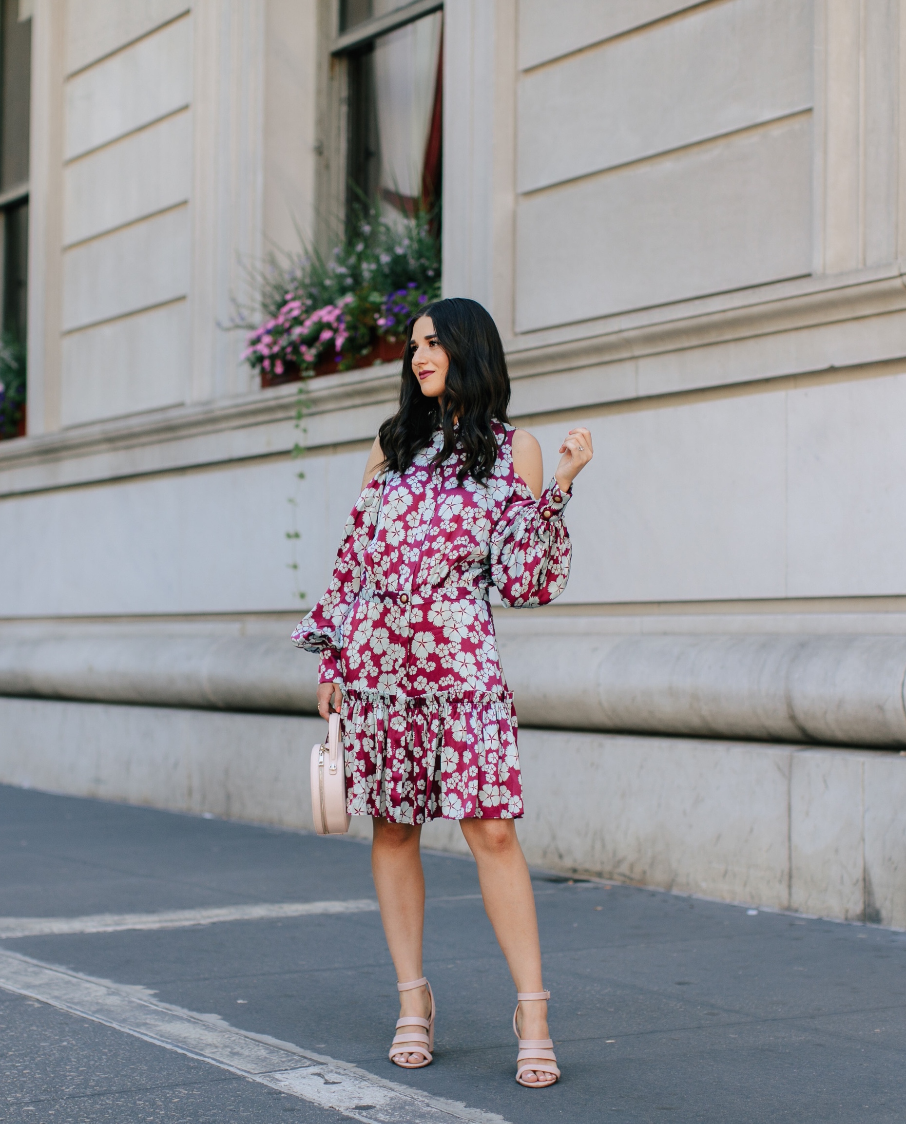 A Blogger’s Guide To Turning Your S.O. Into Your Photographer Cold Shoulder Floral Dress Esther Santer Fashion Blog NYC Street Style Blogger Outfit OOTD Trendy Designer Nordstrom Strappy Blush Pink Heels Circle  Bag Shopping Wavy Hair Diamond Jewelry.jpg