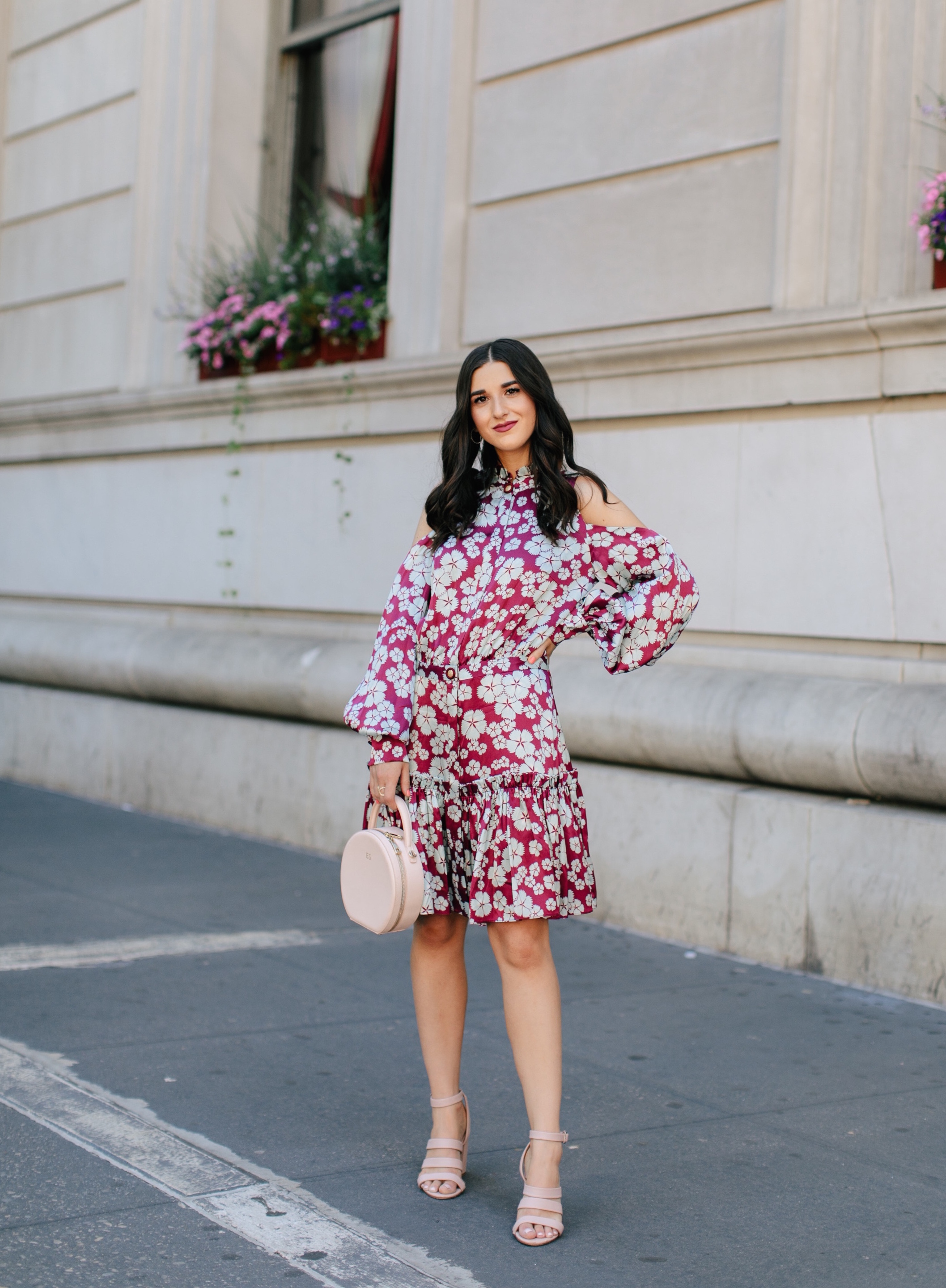 A Blogger’s Guide To Turning Your S.O. Into Your Photographer Cold Shoulder Floral Dress Esther Santer Fashion Blog NYC Street Style Blogger Outfit OOTD Trendy Designer Nordstrom Strappy Blush Pink  Heels Circle Bag Shopping Wavy Hair Diamond Jewelry.jpg