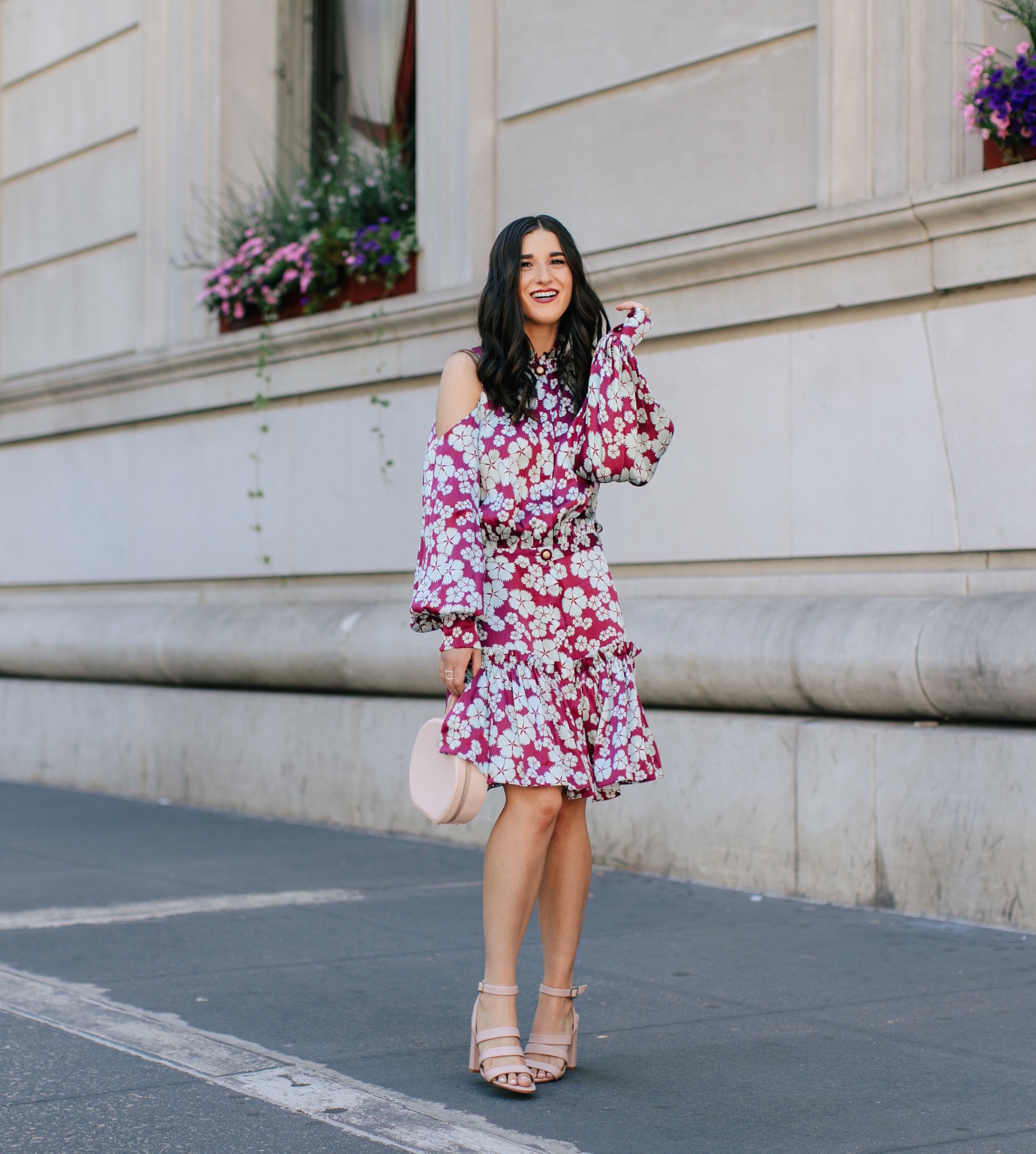 A Blogger’s Guide To Turning Your S.O. Into Your Photographer Cold Shoulder Floral Dress Esther Santer Fashion Blog NYC Street Style Blogger Outfit OOTD Trendy Designer Nordstrom Strappy Blush Pink Heels Circle Bag Shopping Wavy  Hair Diamond Jewelry.jpg