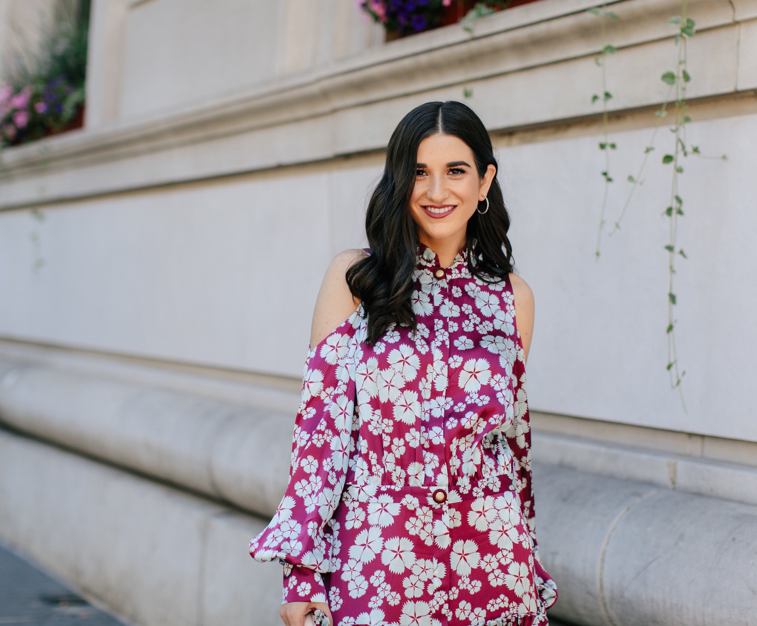 A Blogger’s Guide To Turning Your S.O. Into Your Photographer Cold Shoulder Floral Dress Esther Santer Fashion Blog NYC Street Style Blogger Outfit OOTD Trendy Designer Nordstrom Strappy Blush Pink Heels  Circle Bag Shopping Wavy Hair Diamond Jewelry.jpg