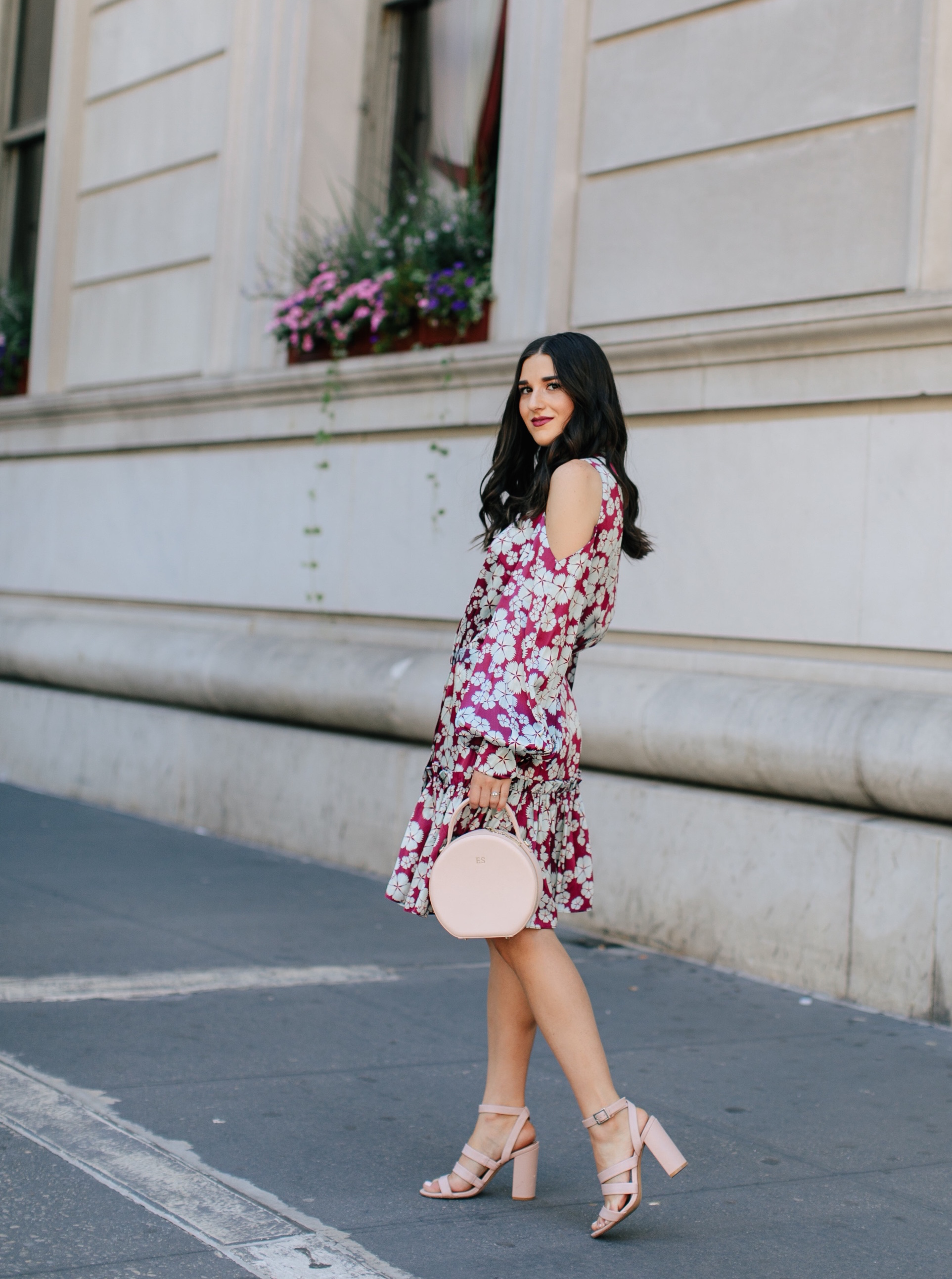 A Blogger’s Guide To Turning Your S.O. Into Your Photographer Cold Shoulder Floral Dress Esther Santer Fashion Blog NYC Street Style Blogger Outfit OOTD Trendy Designer Nordstrom Strappy Blush Pink Heels Circle Bag Shopping Wavy Hair Diamond  Jewelry.jpg