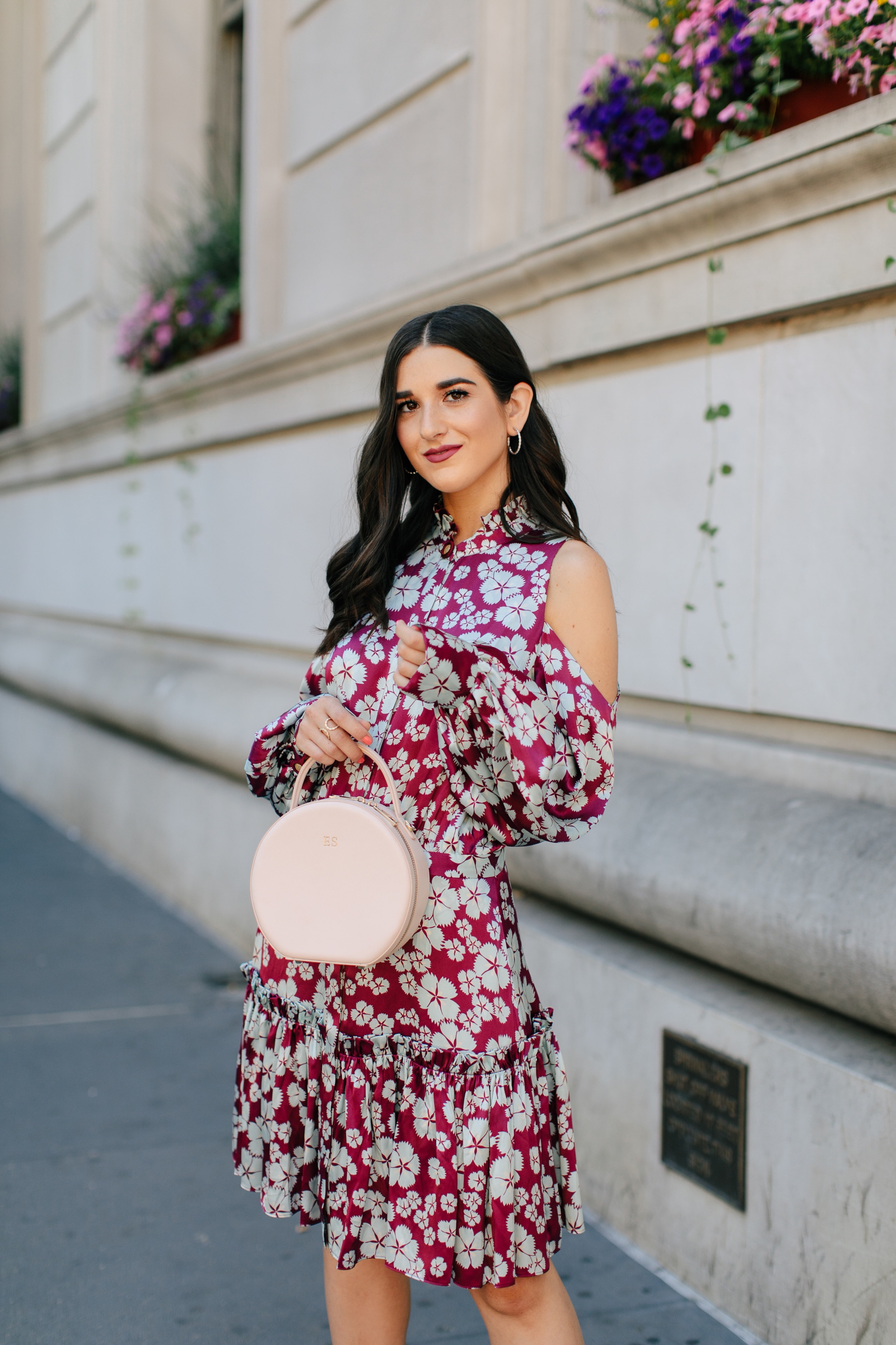 A Blogger’s Guide To Turning Your S.O. Into Your Photographer Cold Shoulder Floral Dress Esther Santer Fashion Blog NYC Street Style Blogger Outfit OOTD Trendy Designer Nordstrom Strappy  Blush Pink Heels Circle Bag Shopping Wavy Hair Diamond Jewelry.jpg