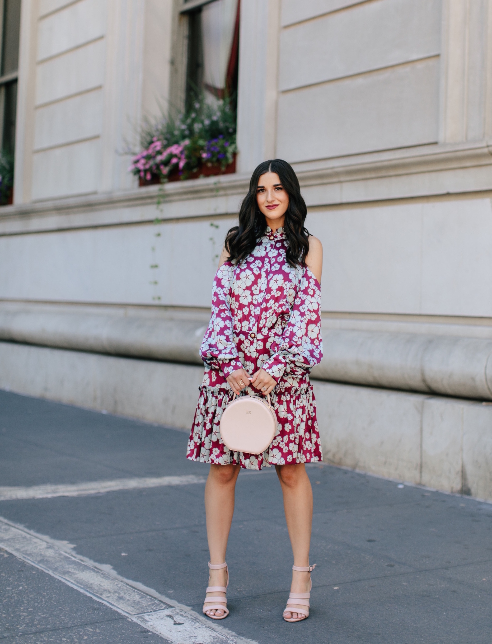 A Blogger’s Guide To Turning Your S.O. Into Your Photographer Cold Shoulder Floral Dress Esther Santer Fashion Blog NYC Street Style Blogger Outfit OOTD Trendy Designer Nordstrom Strappy Blush Pink Heels Circle Bag Shopping  Wavy Hair Diamond Jewelry.jpg