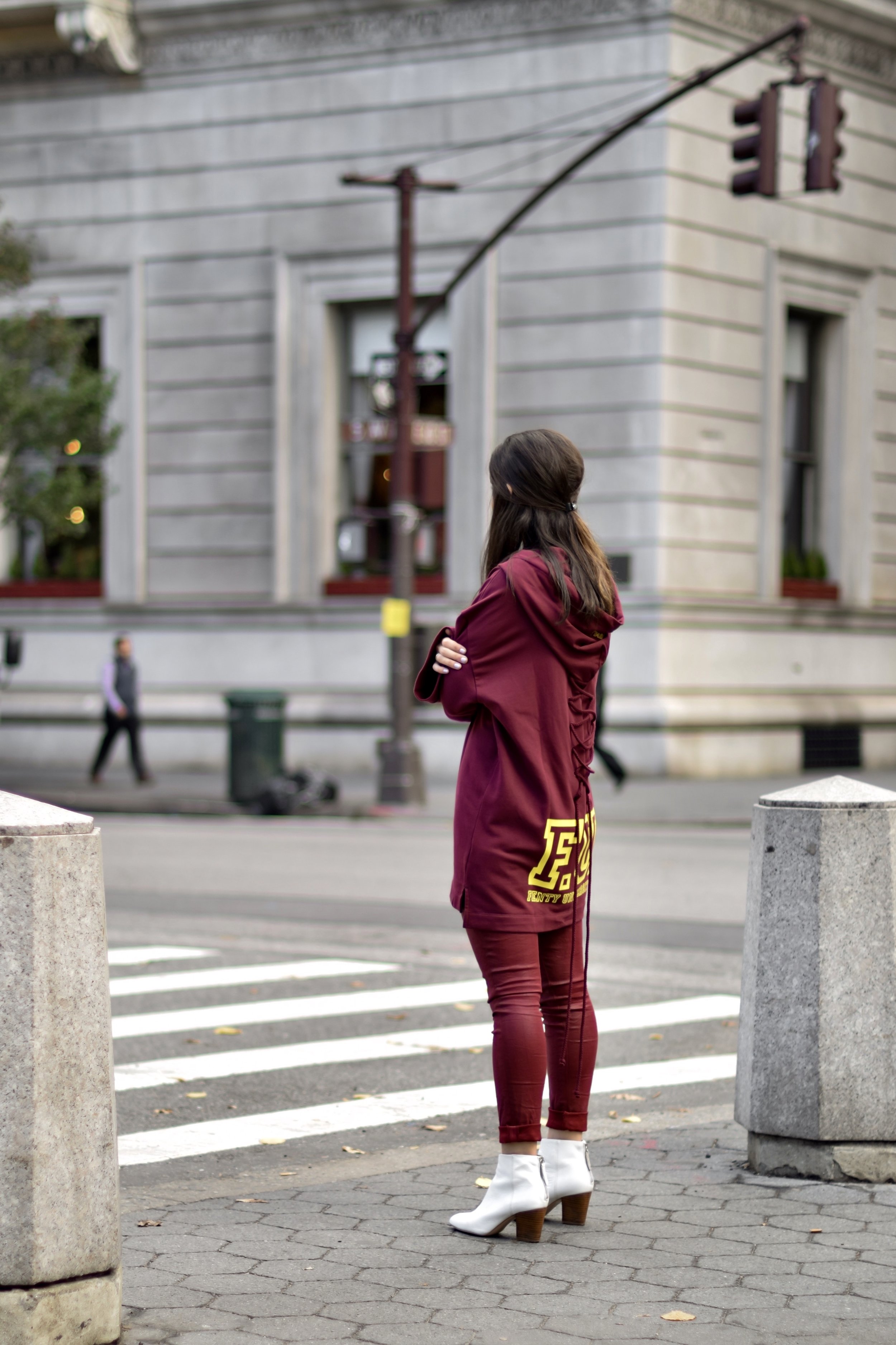 What Do Bloggers Still Pay For Monochrome Maroon Outfit White Booties Esther Santer Fashion Blog NYC Street Style Blogger Outfit OOTD Trendy Burgundy Color AG Jeans Fenty Puma Rihanna Oversized Sweatshirt Girl Women Shopping Winter Fall Look New York.jpg