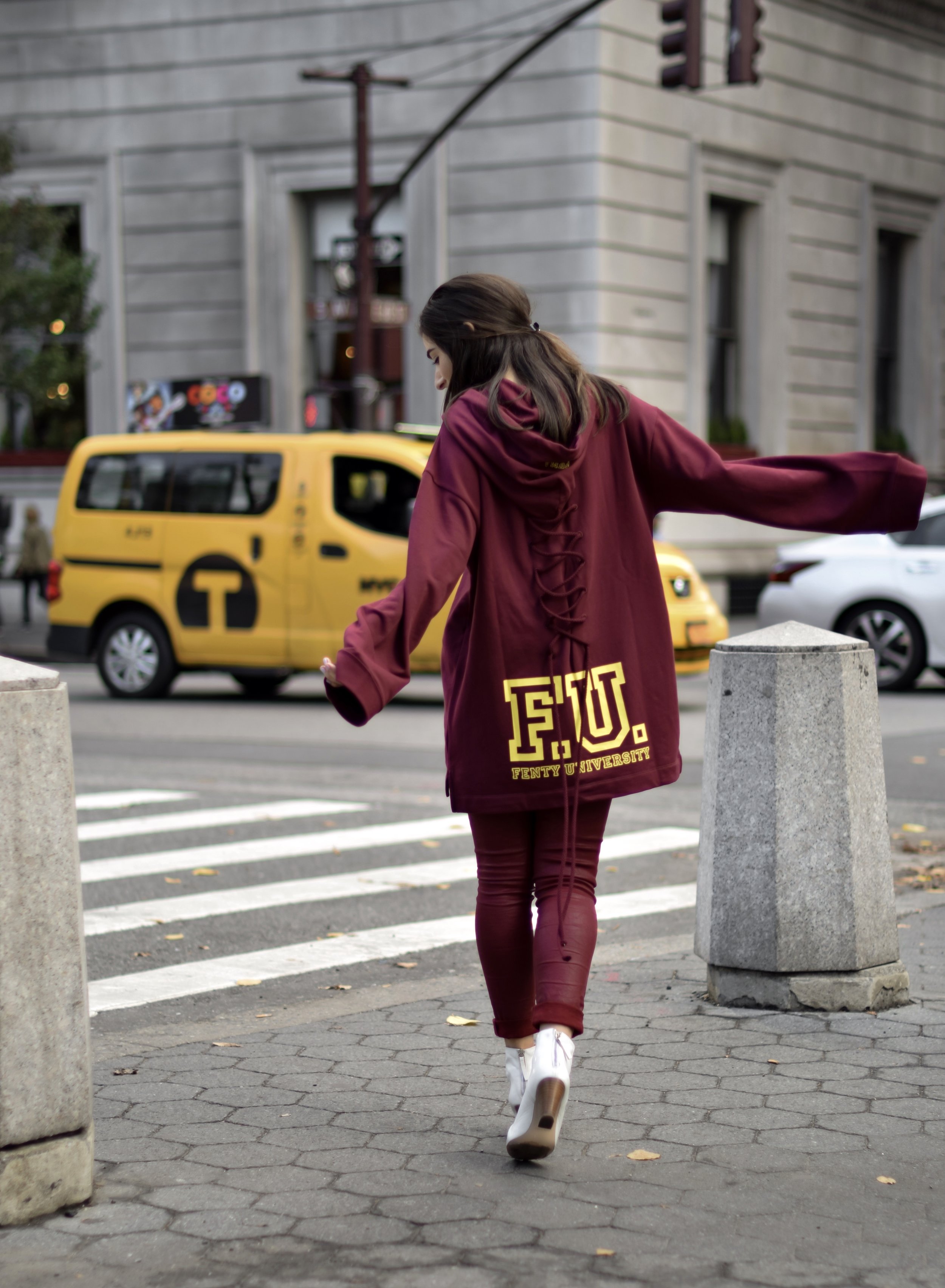 What Do Bloggers Still Pay For Monochrome Maroon Outfit White Booties Esther Santer Fashion Blog NYC Street Style Blogger Outfit OOTD Trendy Burgundy Color AG Jeans Fenty Puma Rihanna  Oversized Sweatshirt Girl Women Shopping Winter Fall Look New York.jpg
