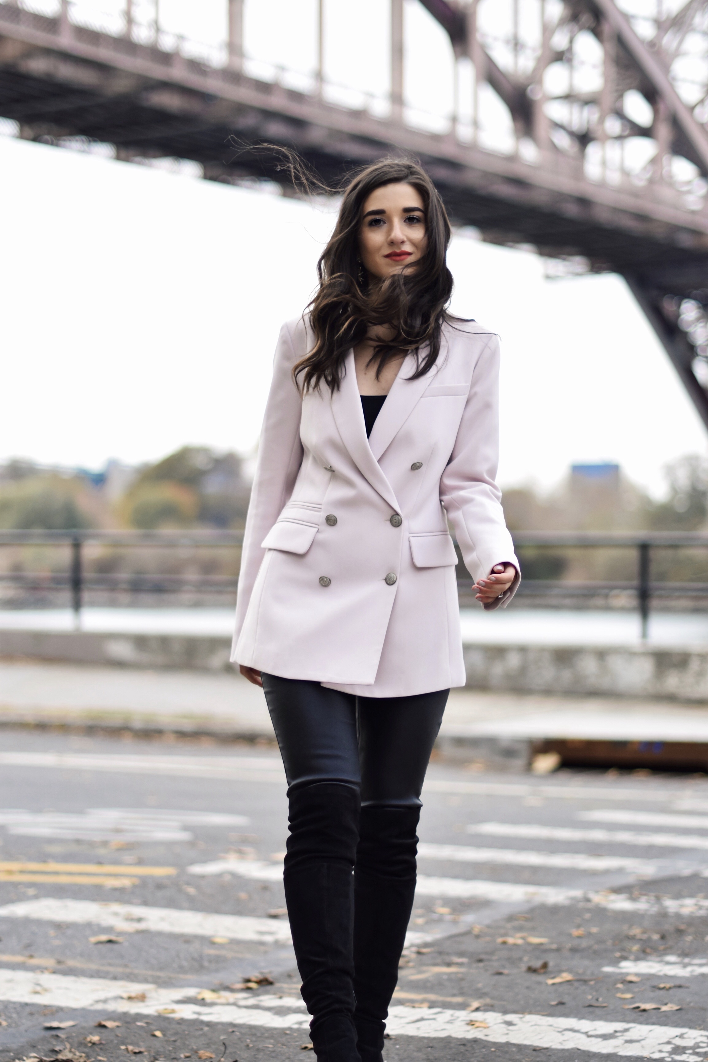 Why Some Bloggers Beg You To Like Their Photos Light Pink Blazer Leather Leggings Esther Santer Fashion Blog NYC Street Style Blogger Outfit OOTD Trendy Rachel Roy Black Over The Knee Boot Girl Women Astoria Photoshoot Fall Winter Shopping Sale Jacket.jpg