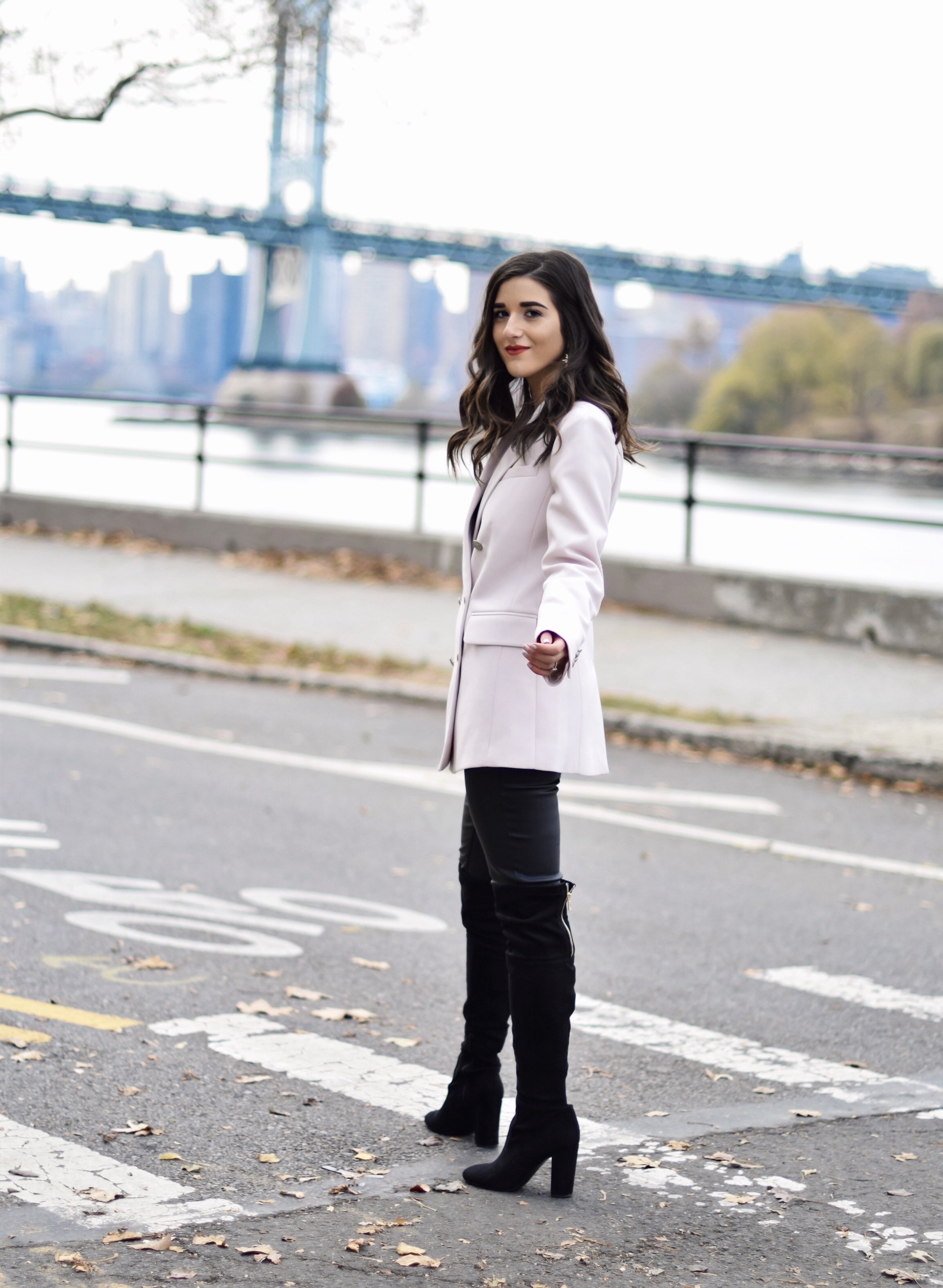 Why Some Bloggers Beg You To Like Their Photos Light Pink Blazer Leather Leggings Esther Santer Fashion Blog NYC Street Style Blogger Outfit OOTD Trendy Rachel Roy Black Over The Knee Boot Girl Women Astoria Photoshoot Winter Fall Shopping Sale Jacket.jpg
