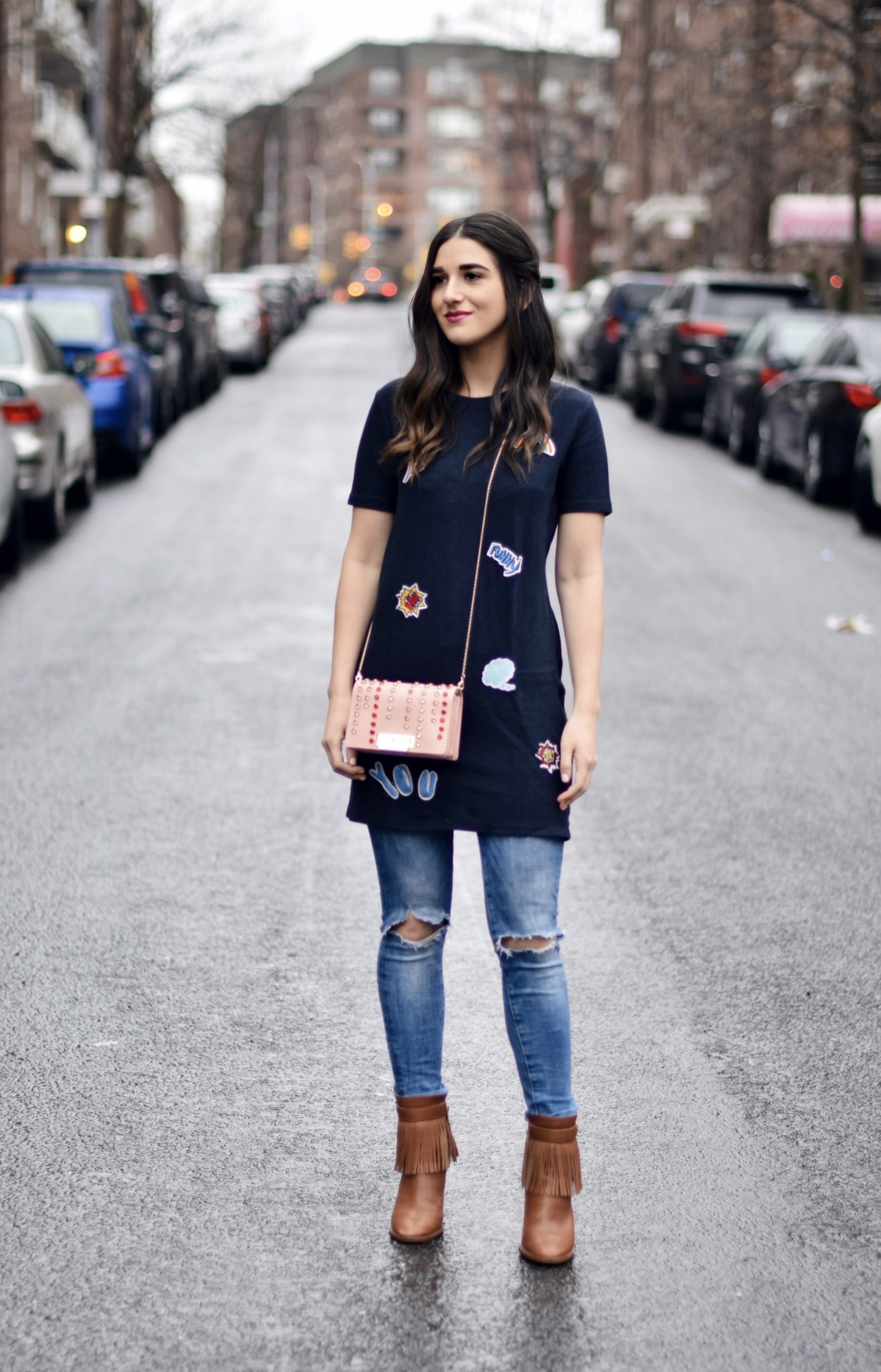 5 Habits You Should Adopt to Become A Better Worker Patch Dress Ripped Jeans Esther Santer Fashion Blog NYC Street Style Blogger Outfit OOTD Trendy Zac Posen Swarovski Bag Sale Online Shopping Zara Jeans Over Dress Styling Fringe Booties Nordstrom Buy.jpg