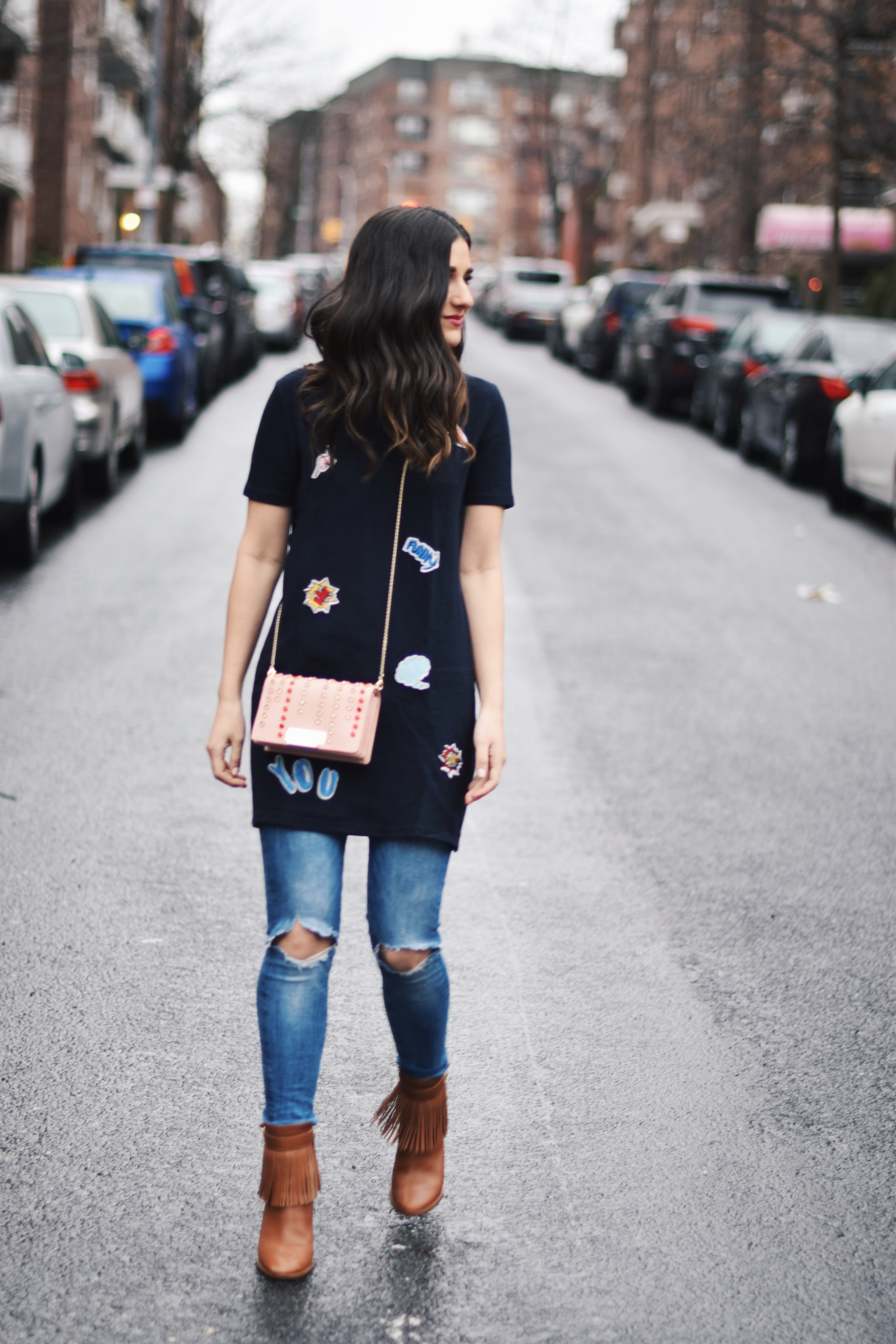 5 Habits You Should Adopt to Become A Better Worker Patch Dress Ripped Jeans Esther Santer Fashion Blog NYC Street Style Blogger Outfit OOTD Trendy Zac Posen Swarovski Bag Sale Online Shopping Zara Buy Jeans Over Dress Styling Nordstrom Fringe Booties.jpg