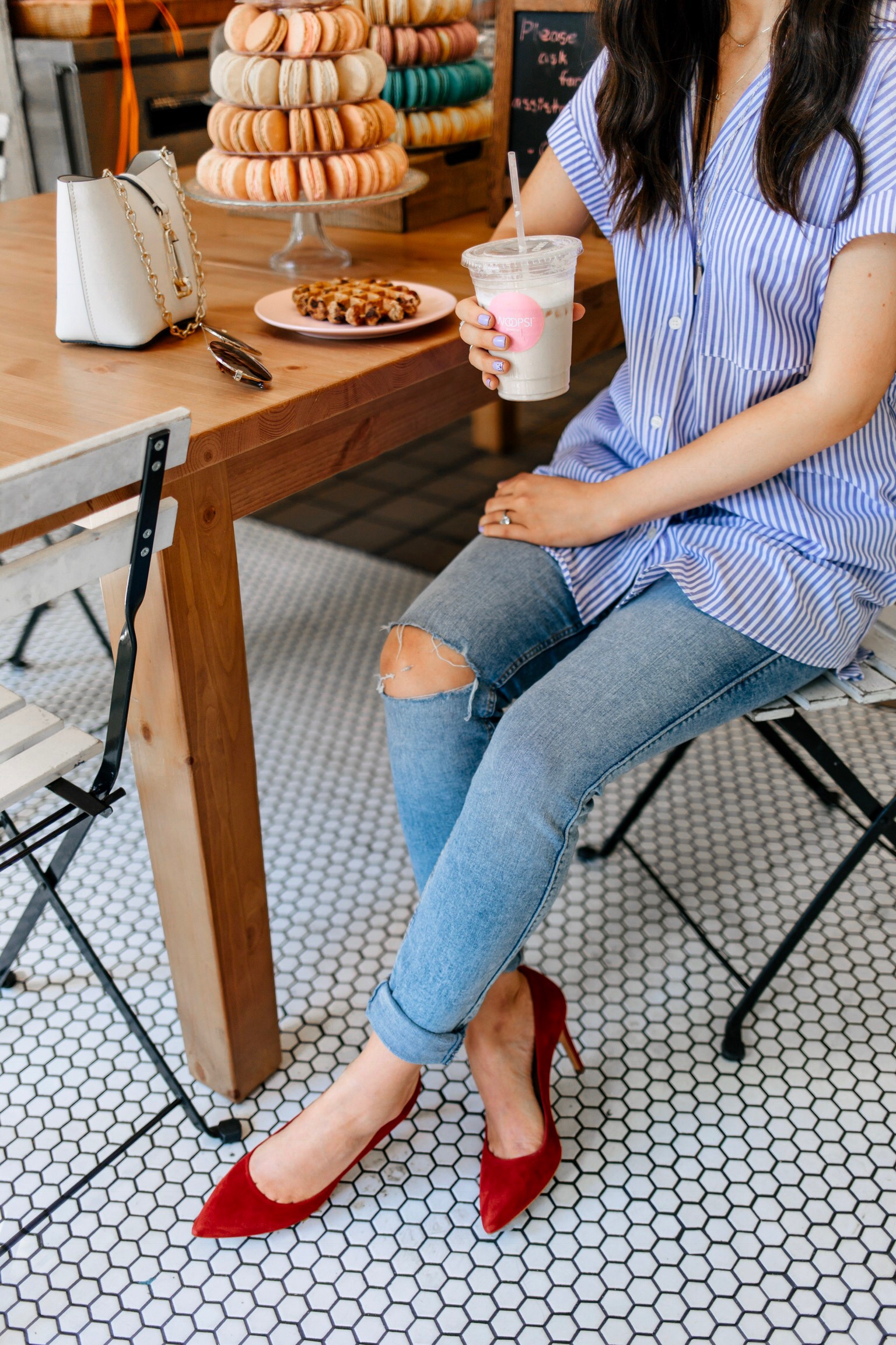 No Is A Dirty Dirty Word A Satire Blue Striped Top Red Heels Esther Santer Fashion Blog NYC Street Style Blogger Outfit OOTD Trendy By Woops Macaron Shop Light  Denim Jeans Gold Jewelry Details Shoes Zara Shopping Wear Zac Posen  Bag Coffee Break Girl.jpg