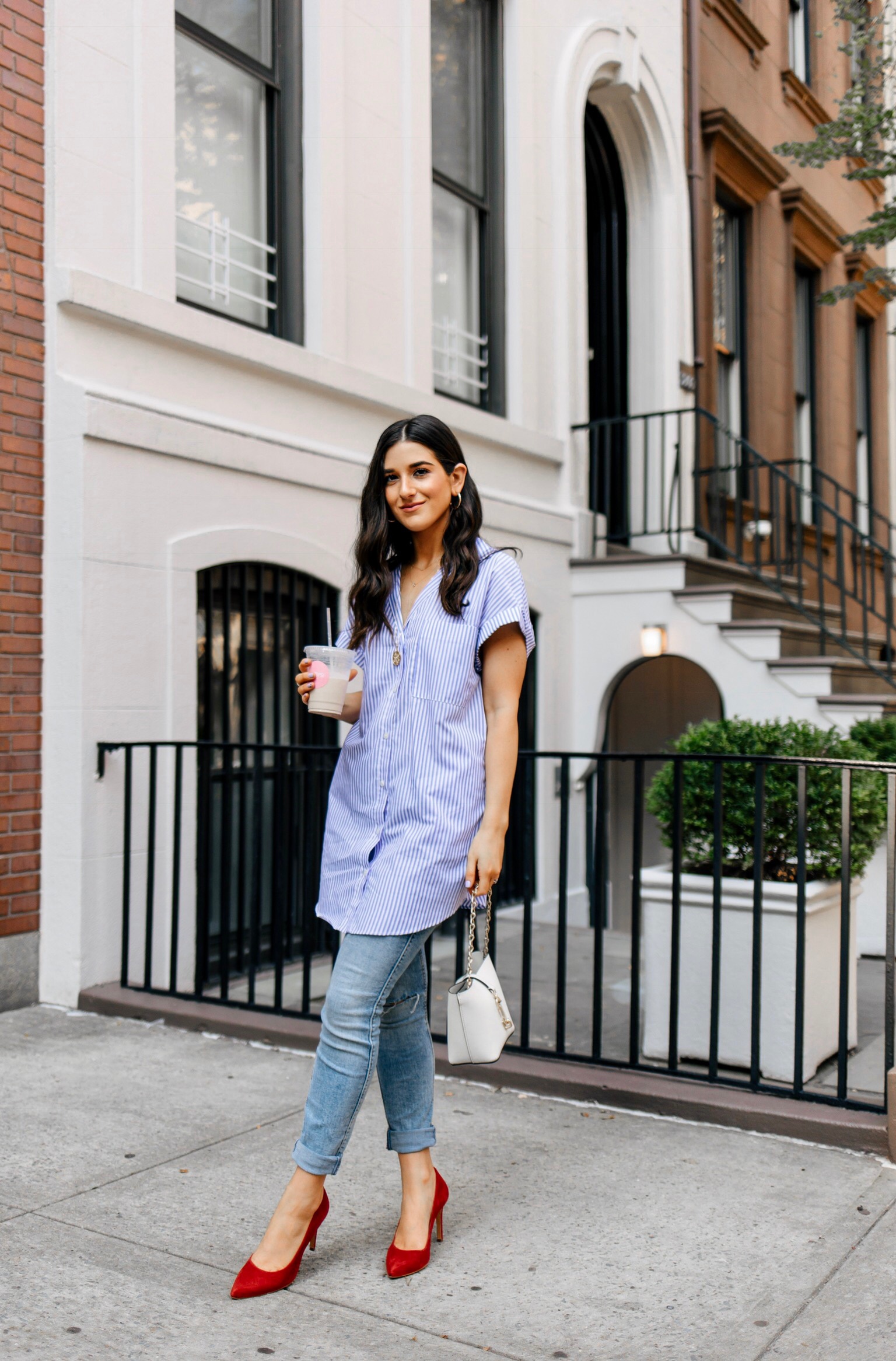 No Is A Dirty Dirty Word A Satire Blue Striped Top Red Heels Esther Santer Fashion Blog NYC Street Style Blogger Outfit OOTD Trendy By Woops Macaron Shop Light  Denim Jeans Gold Jewelry Details Shoes Zara Shopping Wear Zac Posen Bag Coffee Break Girl.jpg