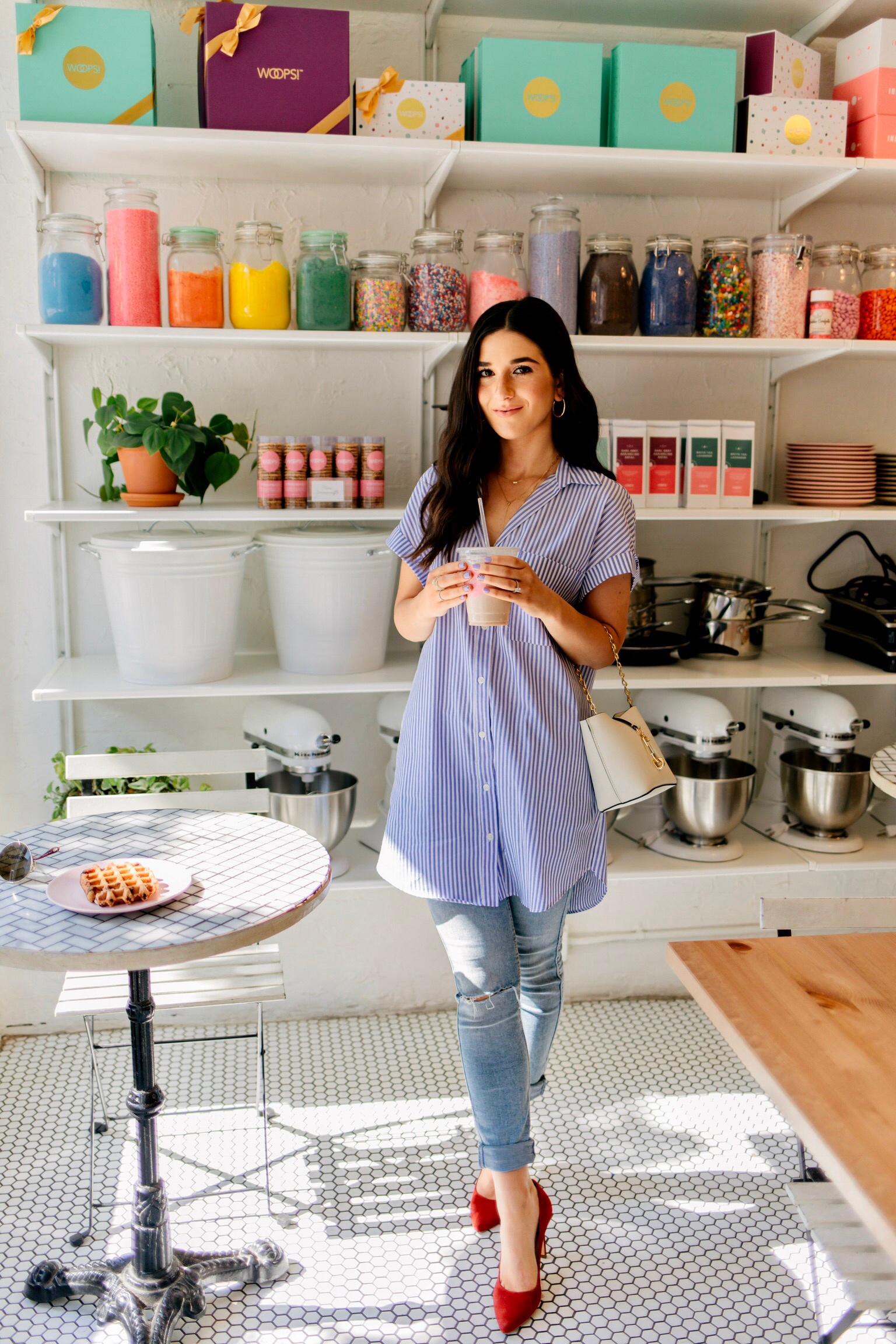 No Is A Dirty Dirty Word A Satire Blue Striped Top Red Heels Esther Santer Fashion Blog NYC Street Style Blogger Outfit OOTD Trendy By Woops Macaron Shop Light Denim Jeans Gold Jewelry  Details Shoes Zara Shopping Wear Zac Posen Bag Coffee Break Girl.jpg