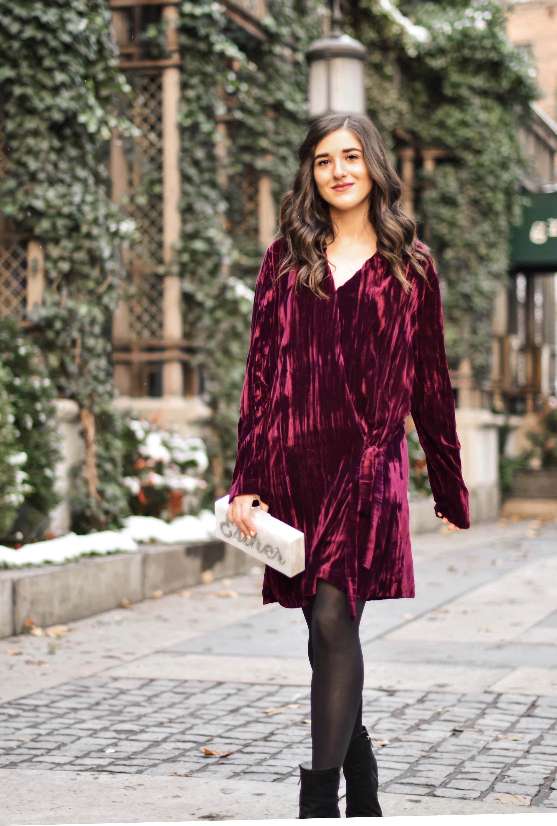 17 Tips On Building An Instagram Following Maroon Velvet Dress Black Booties Esther Santer Fashion Blog NYC Street Style Blogger Outfit OOTD Trendy Zara Online Shopping Winter Monogram Box Bag Clutch Shoes M4D3 Hue Tights Wear Wavy Hair Simple Classic.jpg