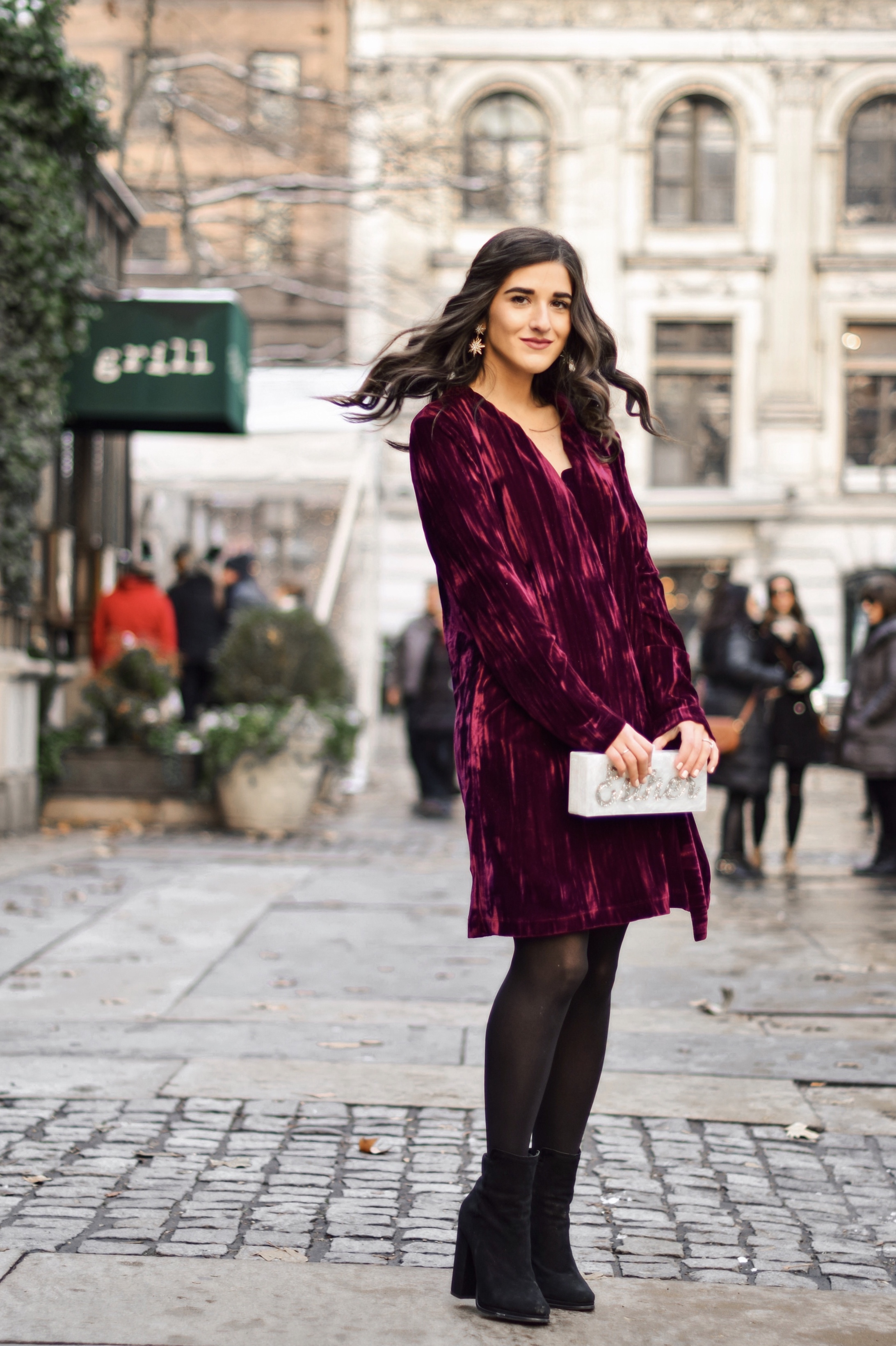 17 Tips On Building An Instagram Following Maroon Velvet Dress Black Booties Esther Santer Fashion Blog NYC Street Style Blogger Outfit OOTD Trendy Zara Online Shopping Winter Monogram Box Bag Clutch Shoes M4D3 Wavy Hair Hue Tights Wear Simple Classic.jpg