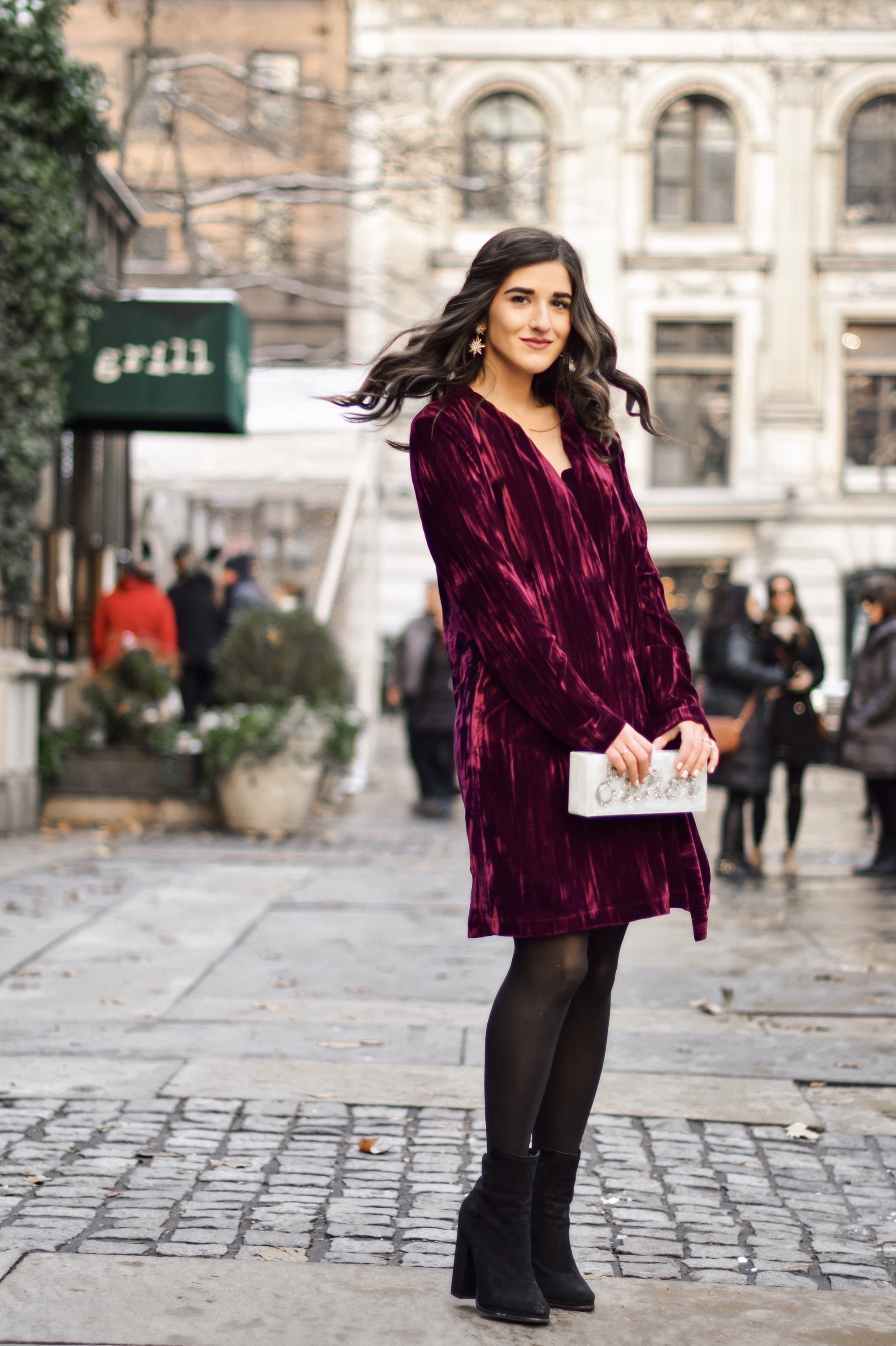 burgundy velvet dress outfit