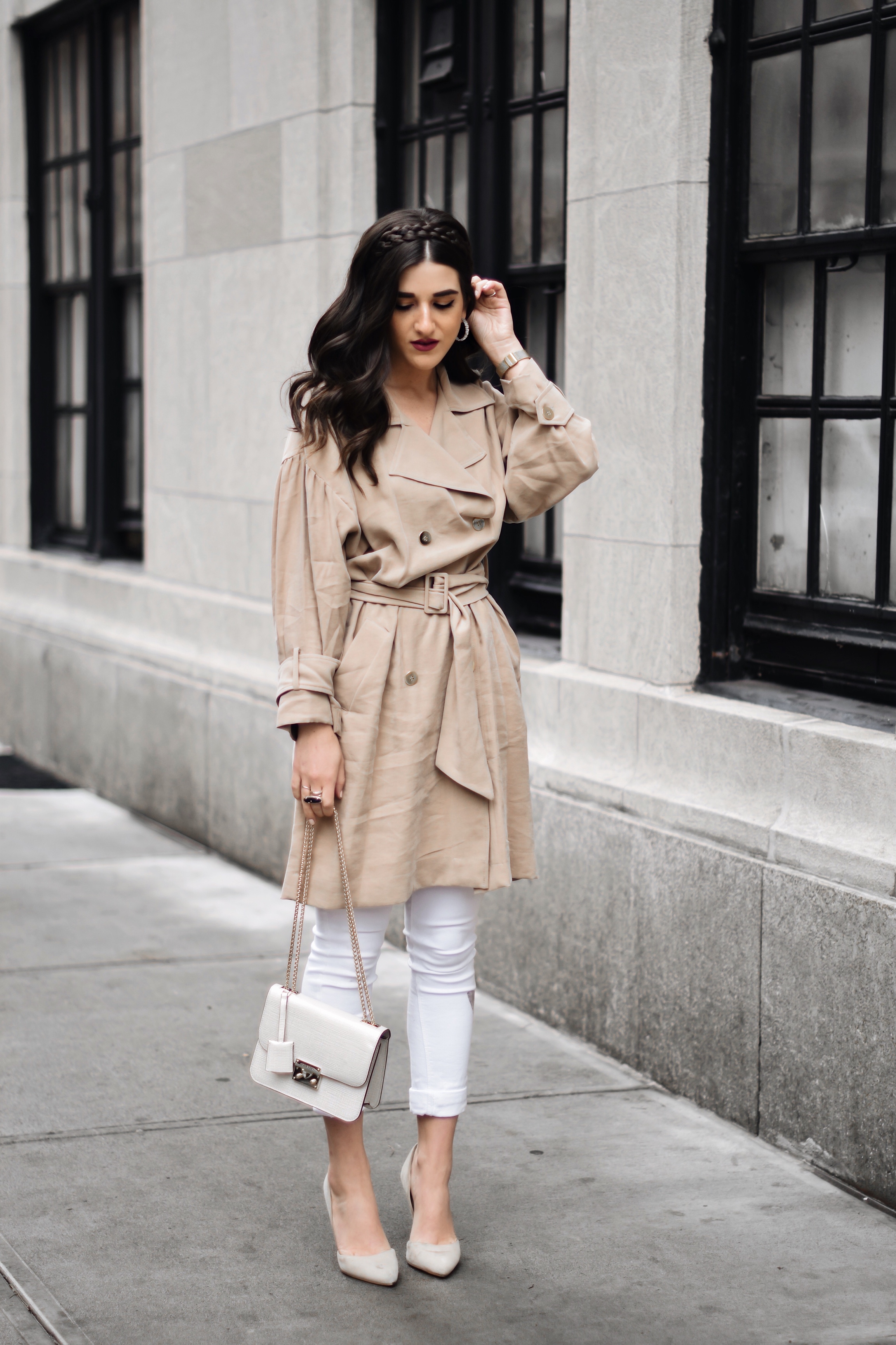 All About Me Trench Coat Dress White Jeans Esther Santer Fashion Blog NYC Street Style Blogger Outfit OOTD Trendy Braid Headband Nude Heels Steve Madden Zara Wear Shopping Sale Melissa Lovy Baby Serena Hoops Shoes Fall Look Buy Henri Bendel Bag  Purse.jpg