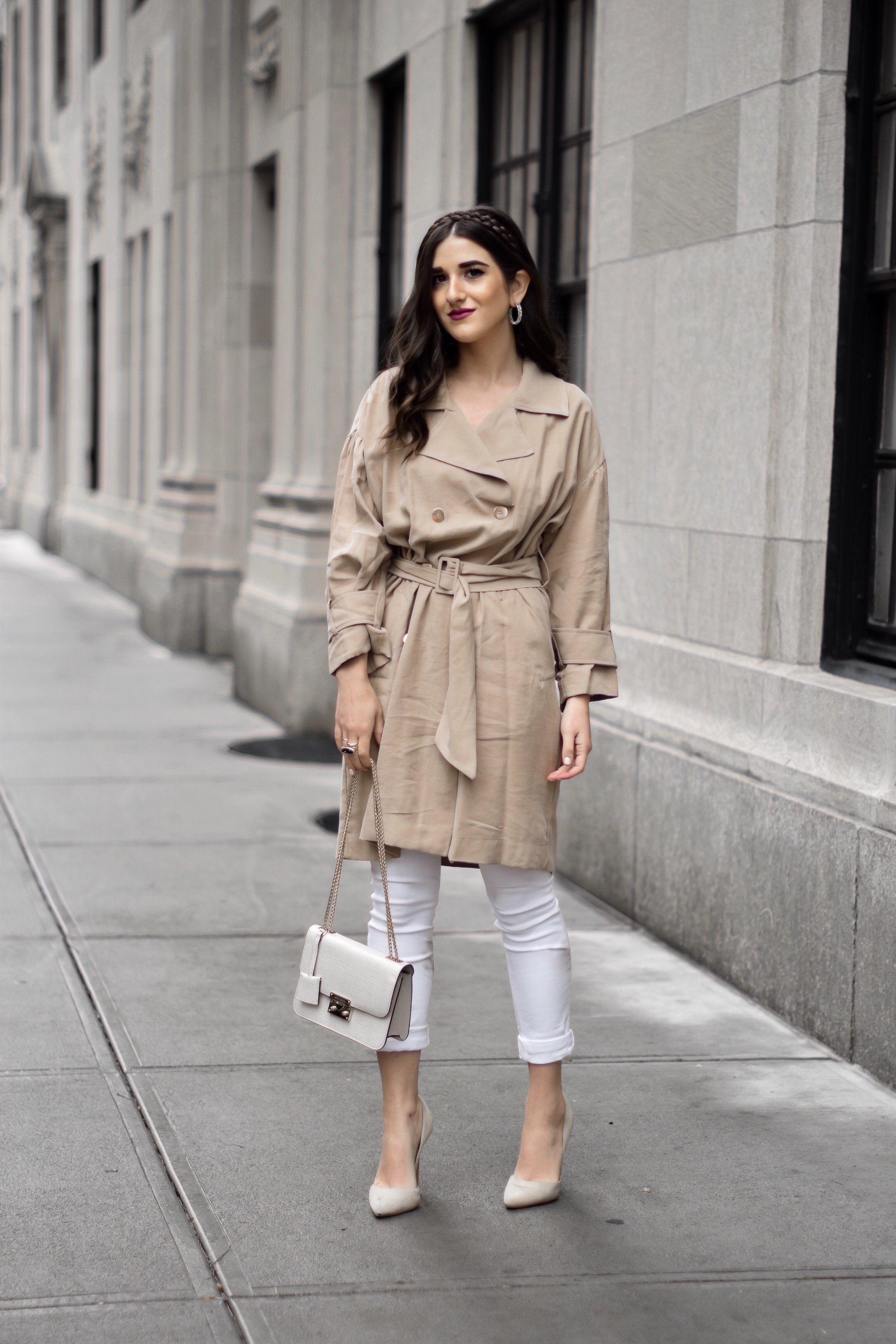 All About Me Trench Coat Dress White Jeans Esther Santer Fashion Blog NYC Street Style Blogger Outfit OOTD Trendy Braid Headband Nude Heels Steve Madden Zara Wear Shopping Sale Melissa Lovy Baby Serena Hoops Shoes Fall  Look Buy Henri Bendel Bag Purse.jpg