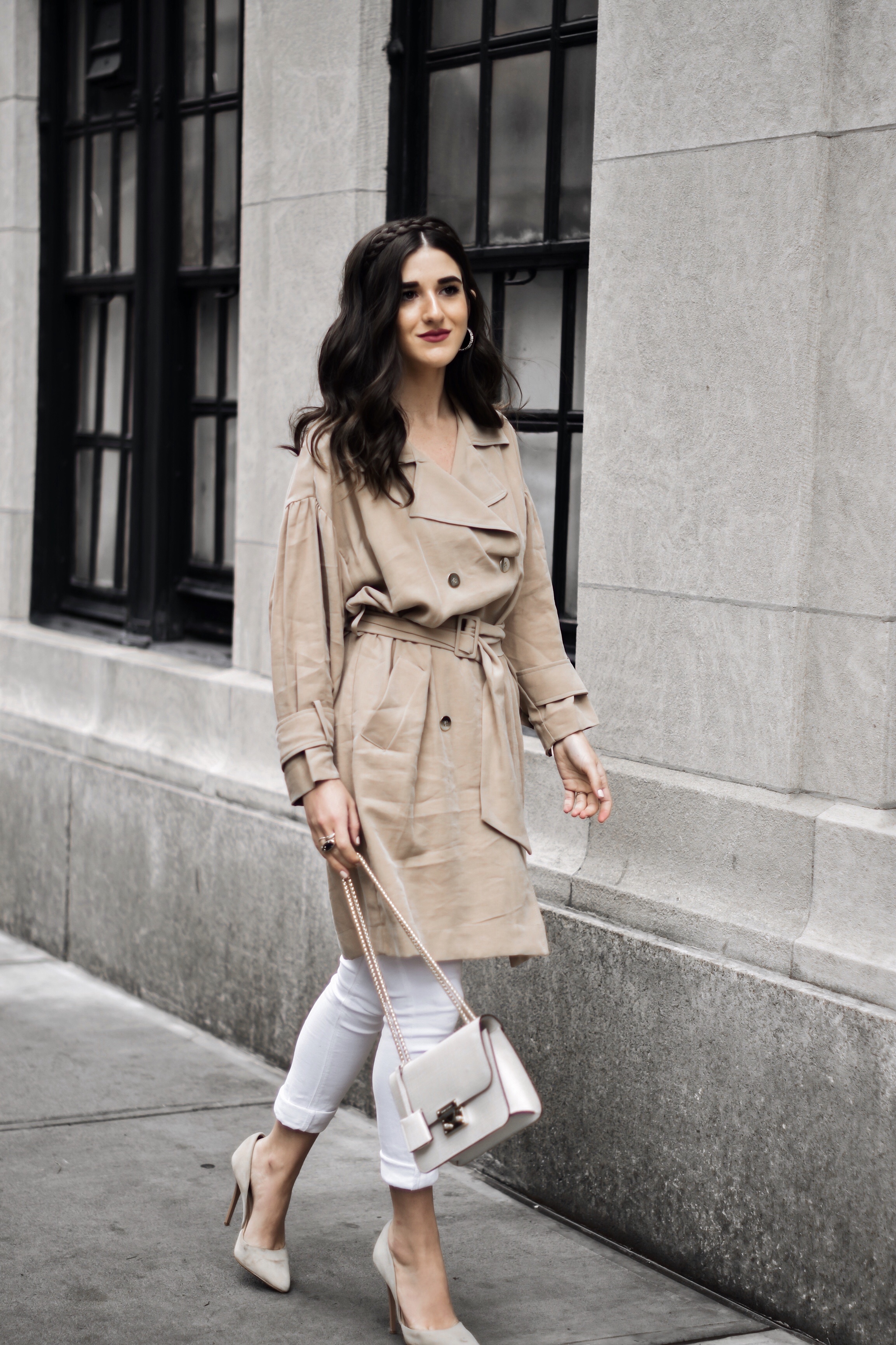 All About Me Trench Coat Dress White Jeans Esther Santer Fashion Blog NYC Street Style Blogger Outfit OOTD Trendy Braid Headband Nude Heels Steve Madden Zara Wear Shopping Sale Melissa Lovy Baby Serena Hoops Shoes Fall Look Buy Henri Bendel Bag Purse.jpg