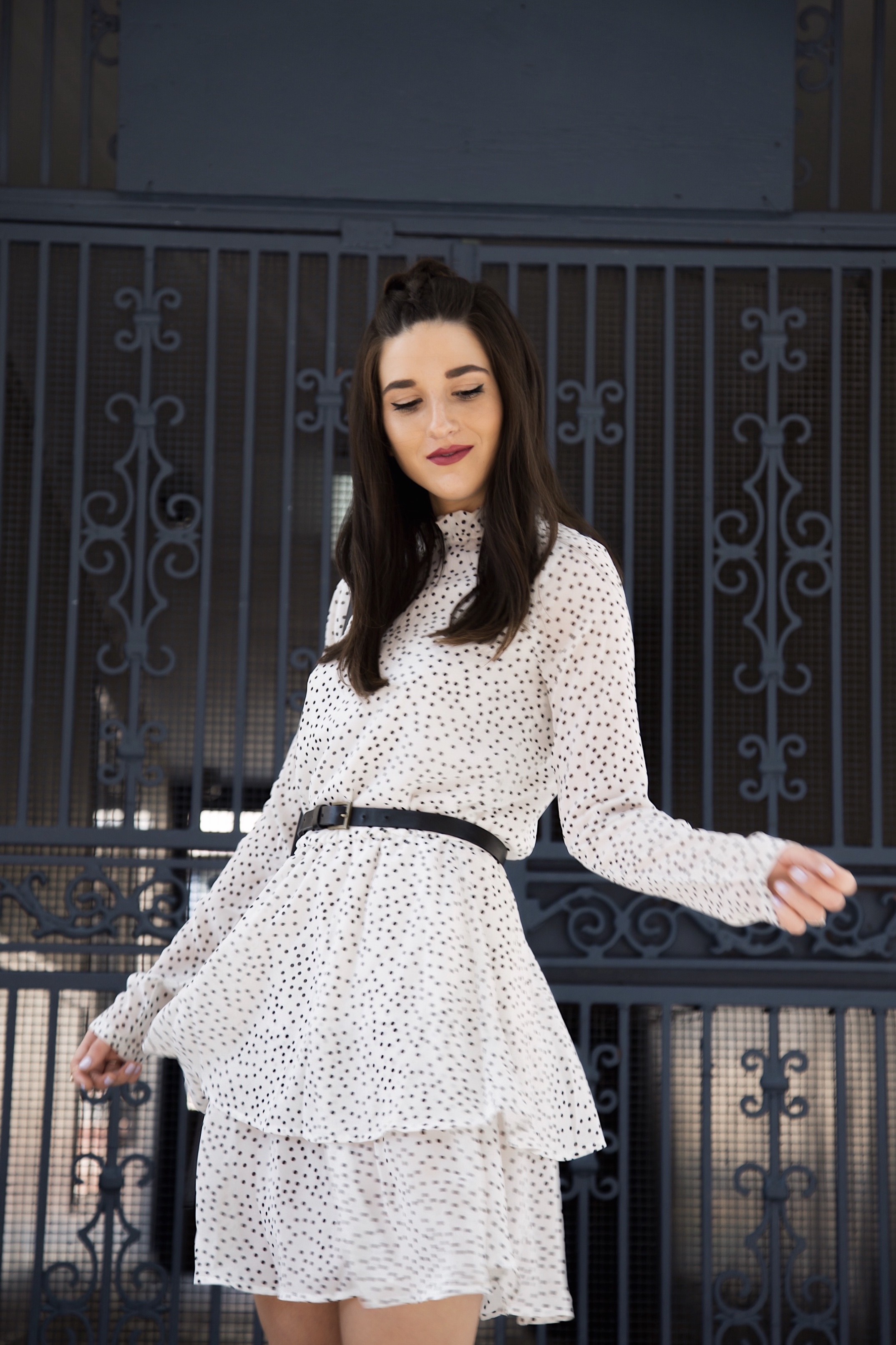 Dealing With Anxiety Polka Dot Tiered Dress Black Heels Esther Santer Fashion Blog NYC Street Style Blogger Outfit OOTD Trendy Braid Hair Pretty Details Pointy Toe Hairstyle Photoshoot  By Jackie Shelly Mock Neck Fall 2018 Inspo Inspiration Cute Shop.jpg