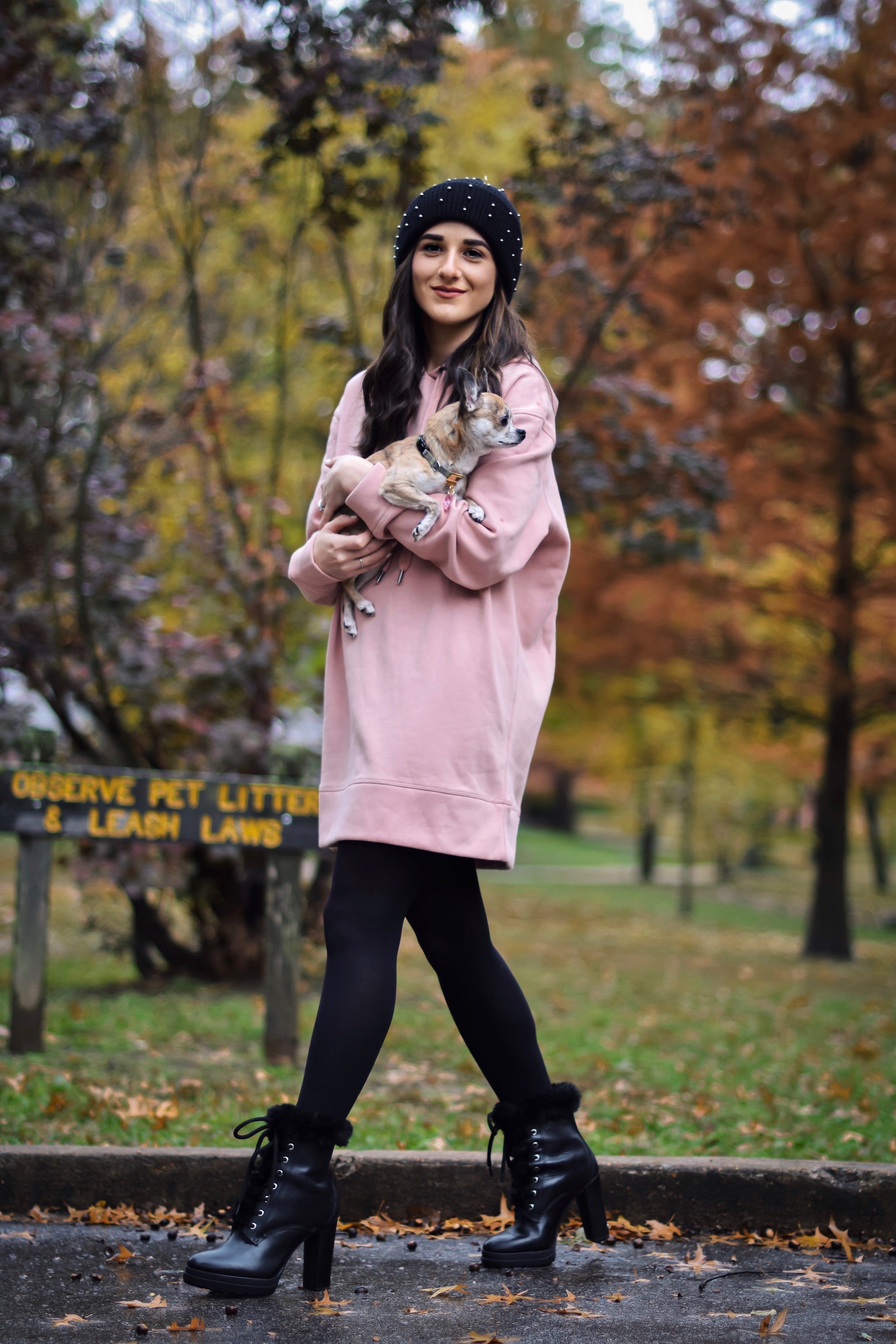 Getting Winter Ready With Macy's Esther Santer Fashion Blog NYC Street Style Blogger Outfit OOTD Trendy Chihuahua Pink Sweatshirt Dress Black Beanie Black Fur Booties Boots Shoes Fall  Winter Outfit Tights Beautiful H&M Shop Cute Puppy Dog Inspiration.jpg