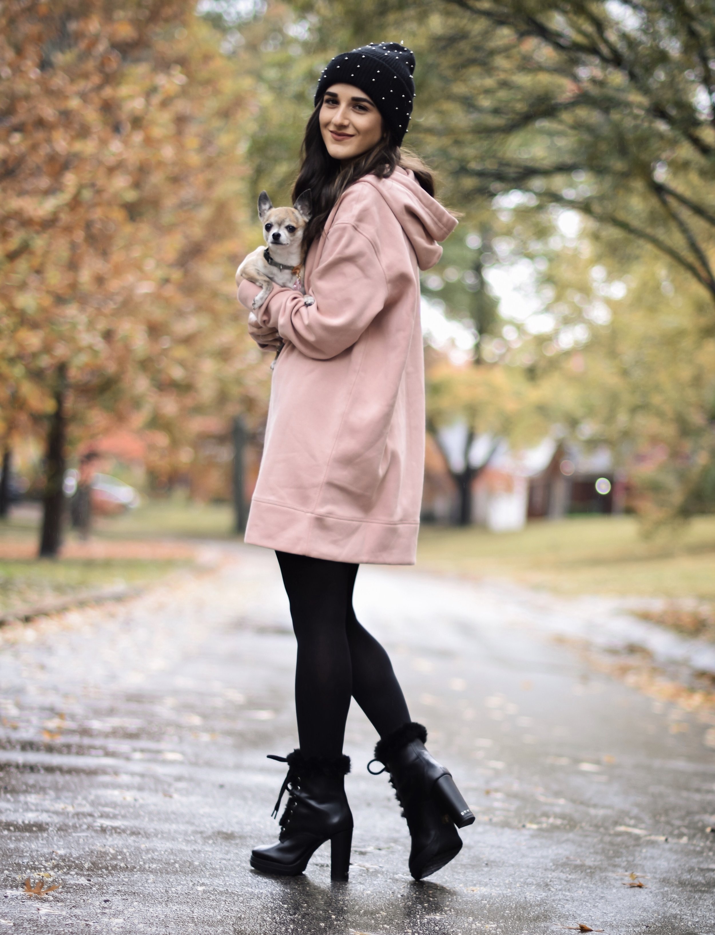 Getting Winter Ready With Macy's Esther Santer Fashion Blog NYC Street Style Blogger Outfit OOTD Trendy Chihuahua Pink Sweatshirt Dress Black Beanie Black Fur Booties Shoes Boots Fall  Winter Outfit Tights Beautiful H&M Shop Cute Puppy Dog Inspiration.jpg
