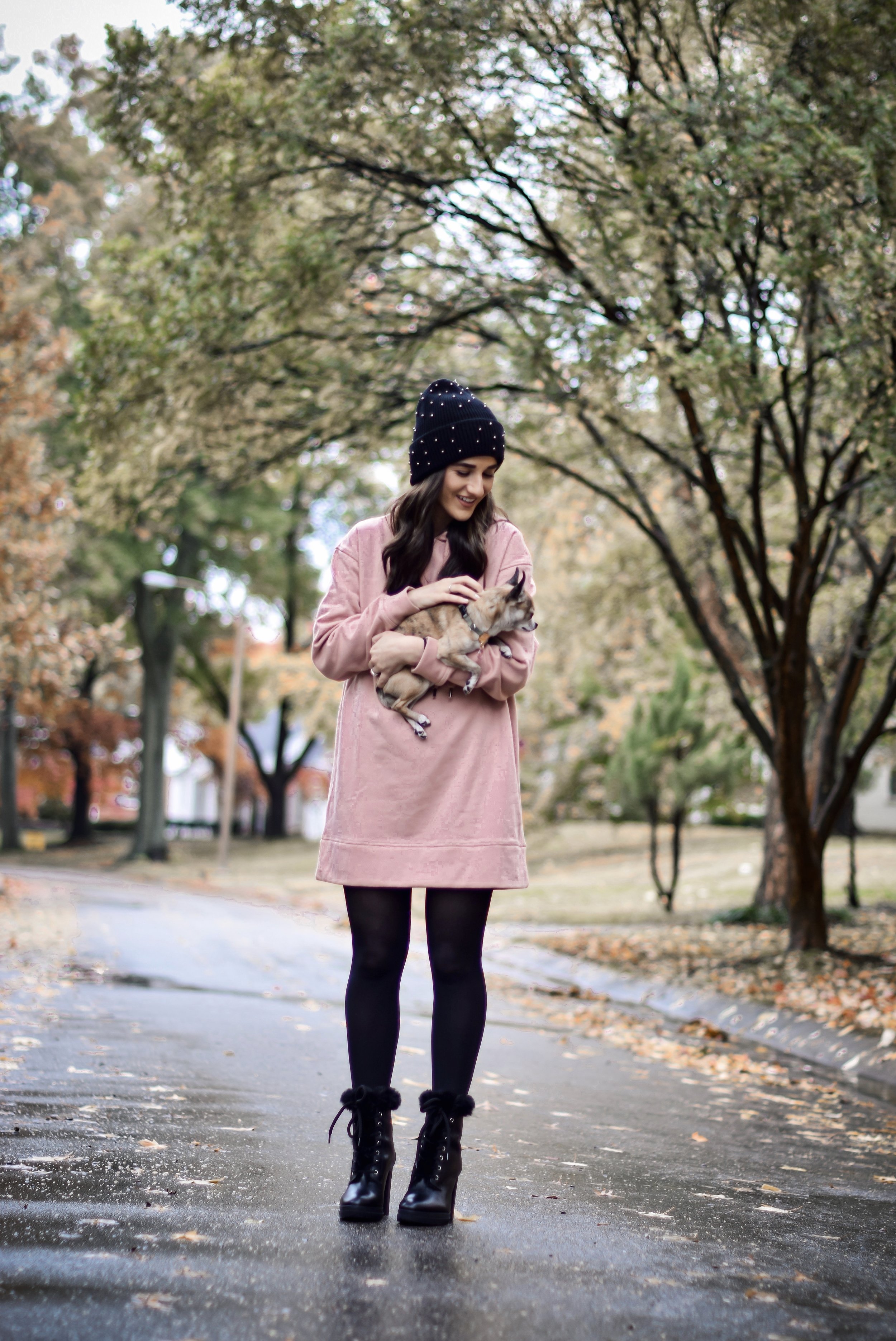 Getting Winter Ready With Macy's Esther Santer Fashion Blog NYC Street Style Blogger Outfit OOTD Trendy Chihuahua Pink Sweatshirt Dress Black Beanie Black Fur Booties Boots Shoes Fall  Winter Outfit Tights Beautiful H&M Shop Cute Puppy Dog Inspiration.jpg