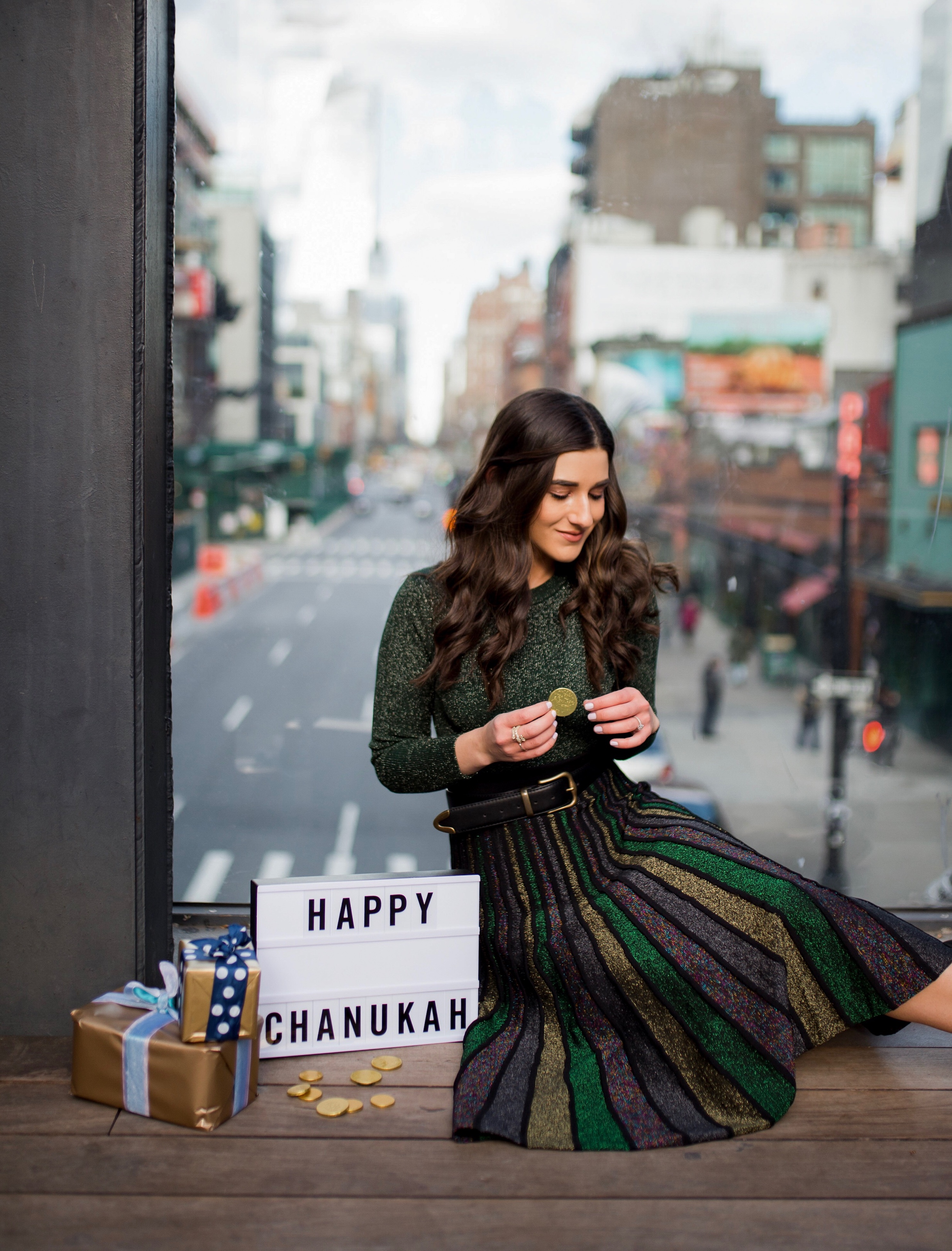 So You Wanna Talk About Diversity Don't forget me Esther Santer Fashion Blog NYC Street Style Blogger Outfit OOTD Trendy Shopping Miri Couture Laurel Creative Sparkles Midi Skirt Glitter Holiday Jewish 2018 Chanukah Green Glitter Top Long Sleeve Shirt.jpg