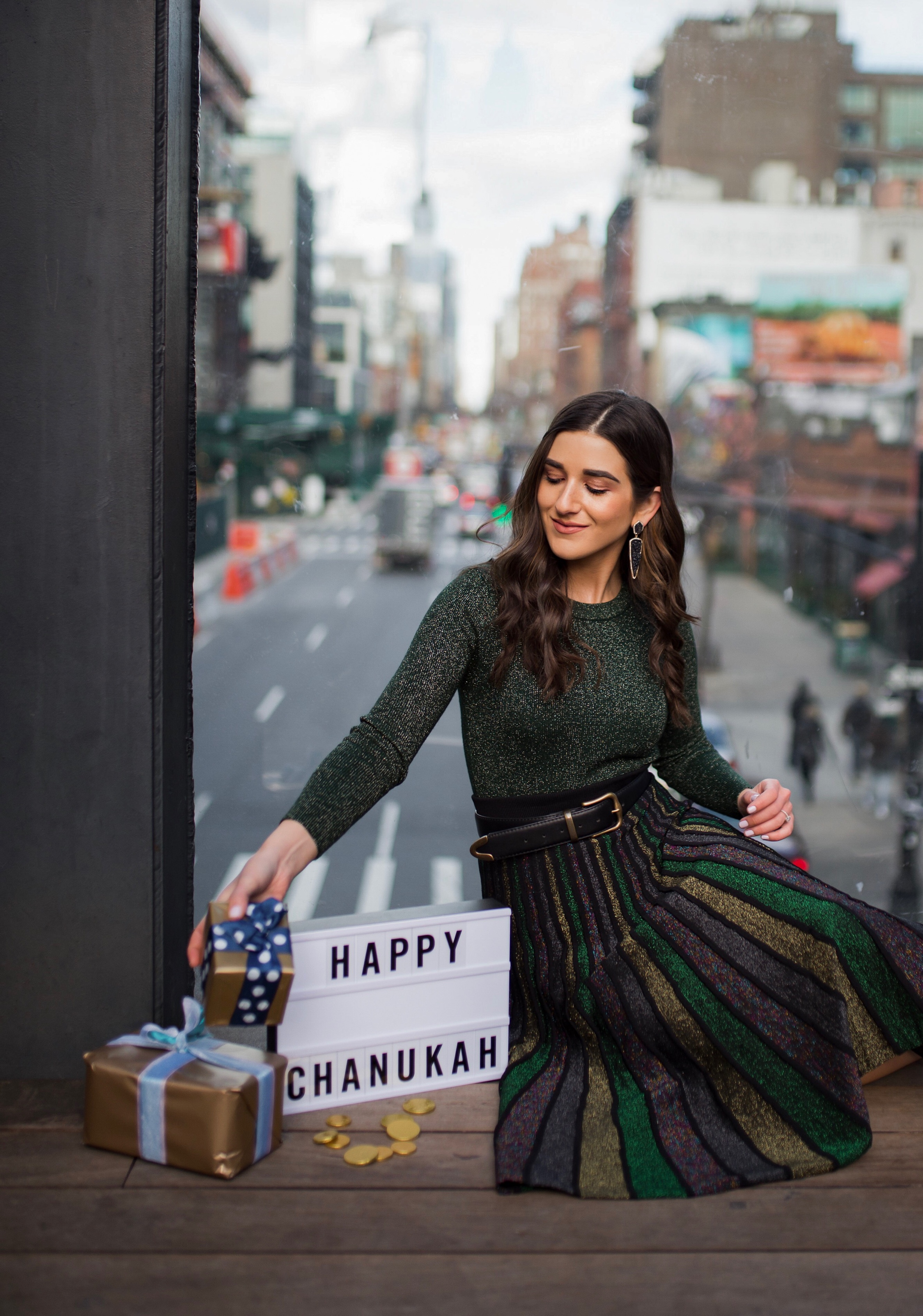 So You Wanna Talk About Diversity Don't forget me Esther Santer Fashion Blog NYC Street Style Blogger Outfit OOTD Trendy Shopping Miri Couture Laurel Creative Sparkles Glitter Holiday Midi Skirt Jewish Chanukah Green Long Sleeve Top Glitter Shirt 2018.jpg