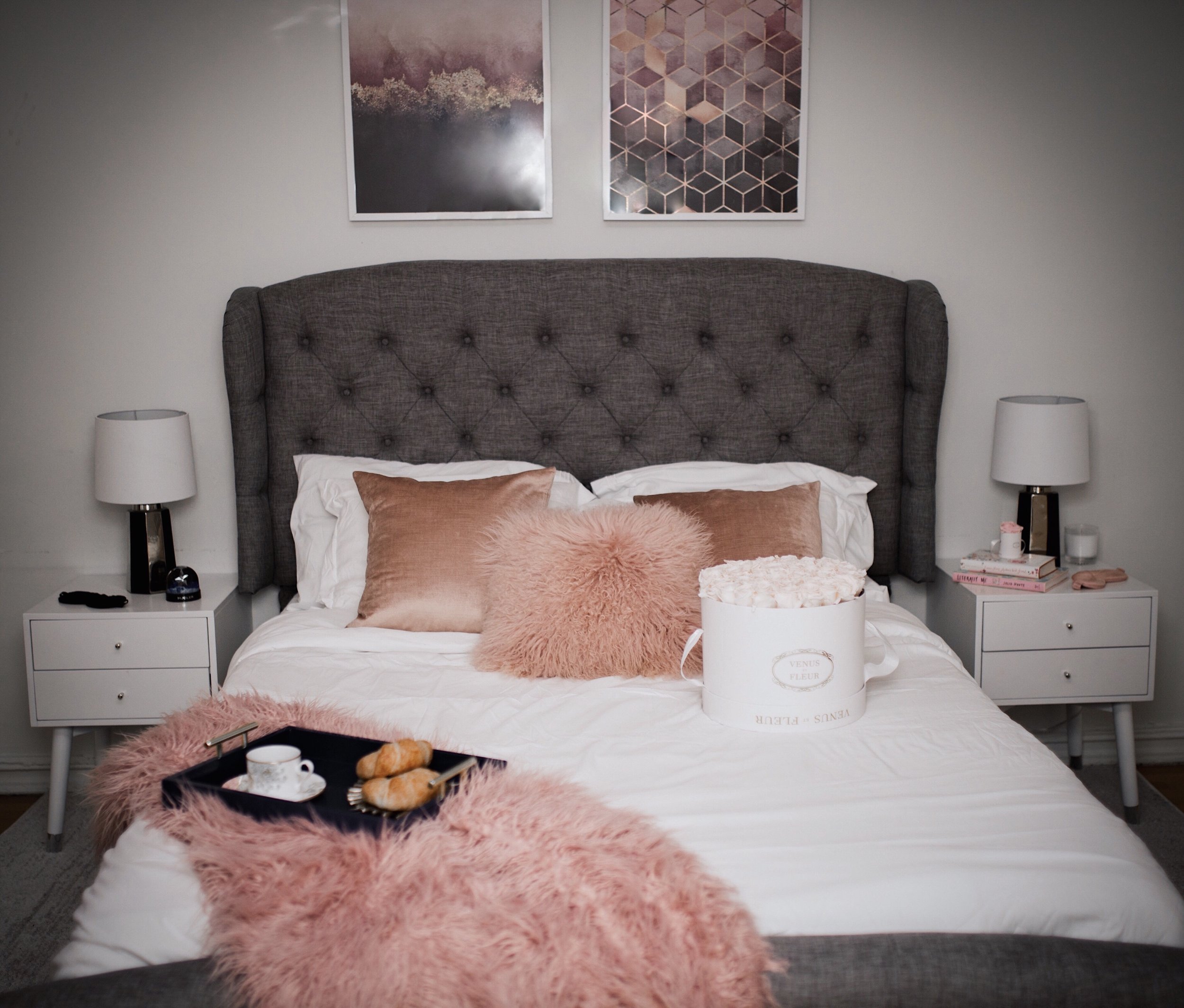 My Bedroom Reveal Joss & Main Esther Santer Fashion Blog NYC Street Style Blogger White Duvet Cover Pink Furry Throw Pillows Blanket Blush Gold Lamps Grey Bed Headboard Shopping Buy Beautiful Room Furniture White Nightstands Navy  Tray Art Breakfast.jpg