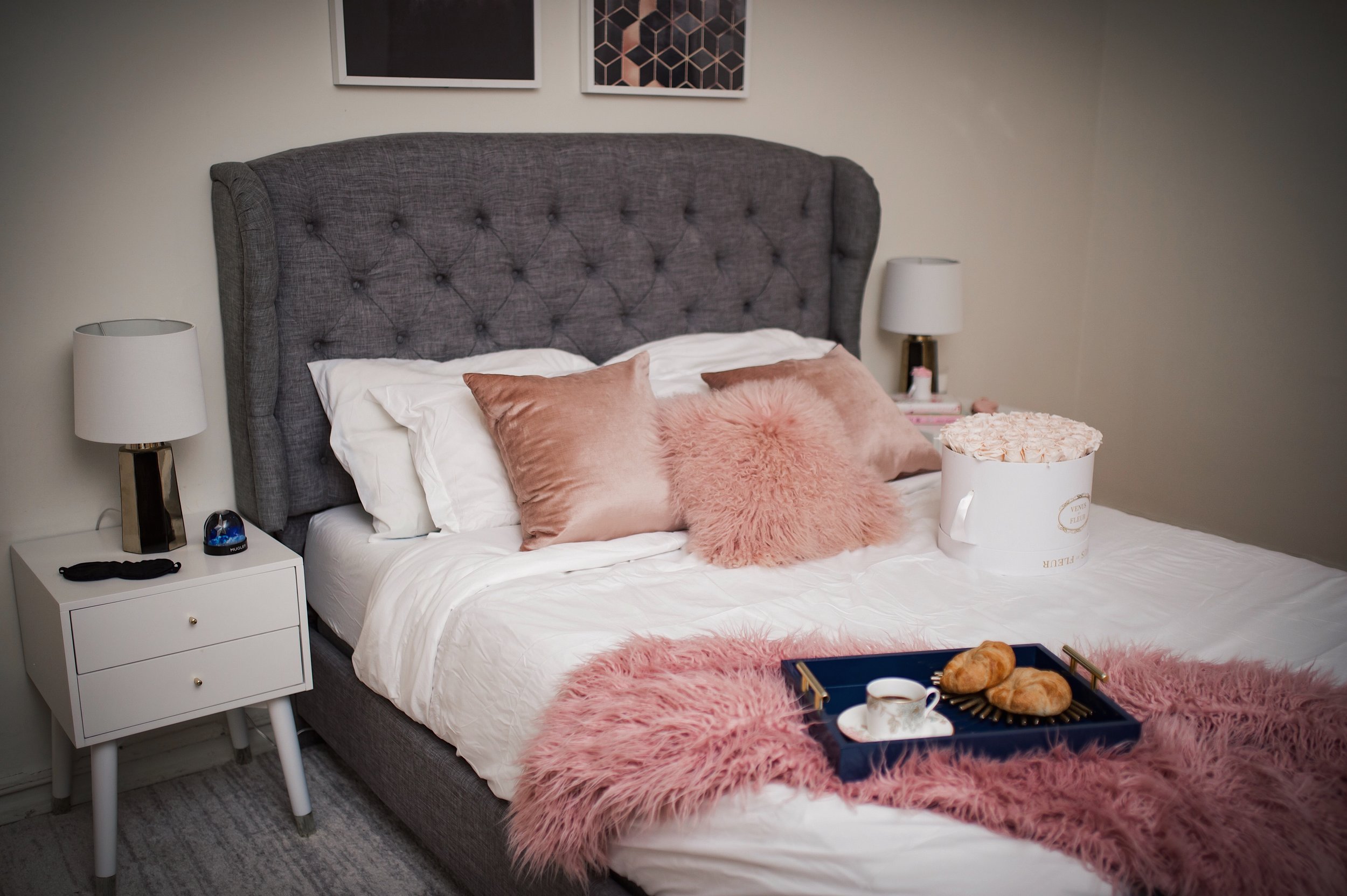 My Bedroom Reveal Joss & Main Esther Santer Fashion Blog NYC Street Style Blogger White Duvet Cover Pink Furry Throw Pillows Blanket Blush Gold Lamps Grey Bed Headboard Shopping Buy Beautiful Room Furniture White Nightstands Navy Tray Art  Breakfast.jpg