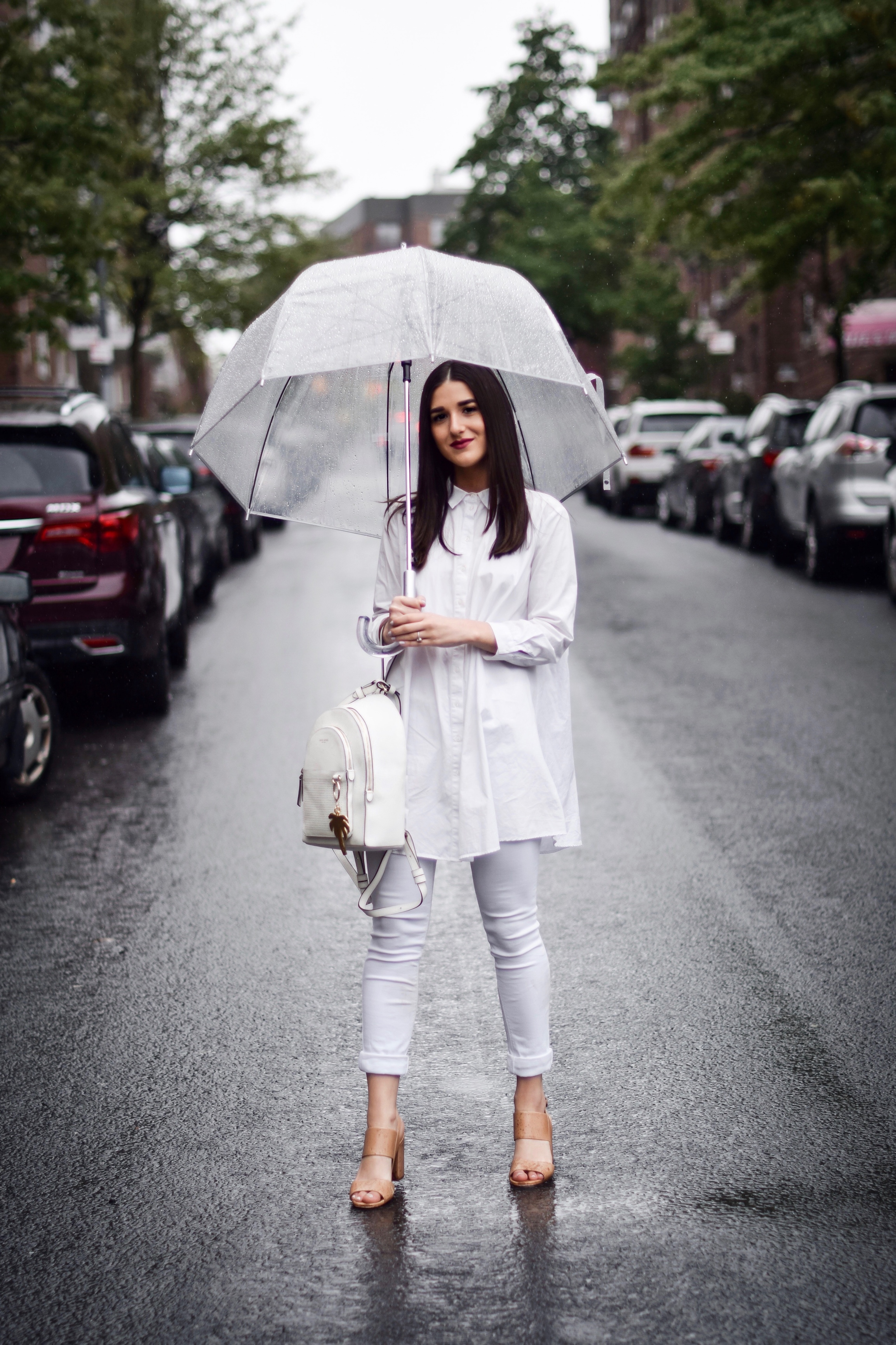 Why I Won't Be Bringing My Camera Or Laptop To Portugal Or Spain All White Look Esther Santer Fashion Blog NYC Street Style Blogger Outfit OOTD Trendy Shopping Umbrella Rainy Day Button Down Sandals Heels Zara Pants Straight Hair Travel Women New York.jpg